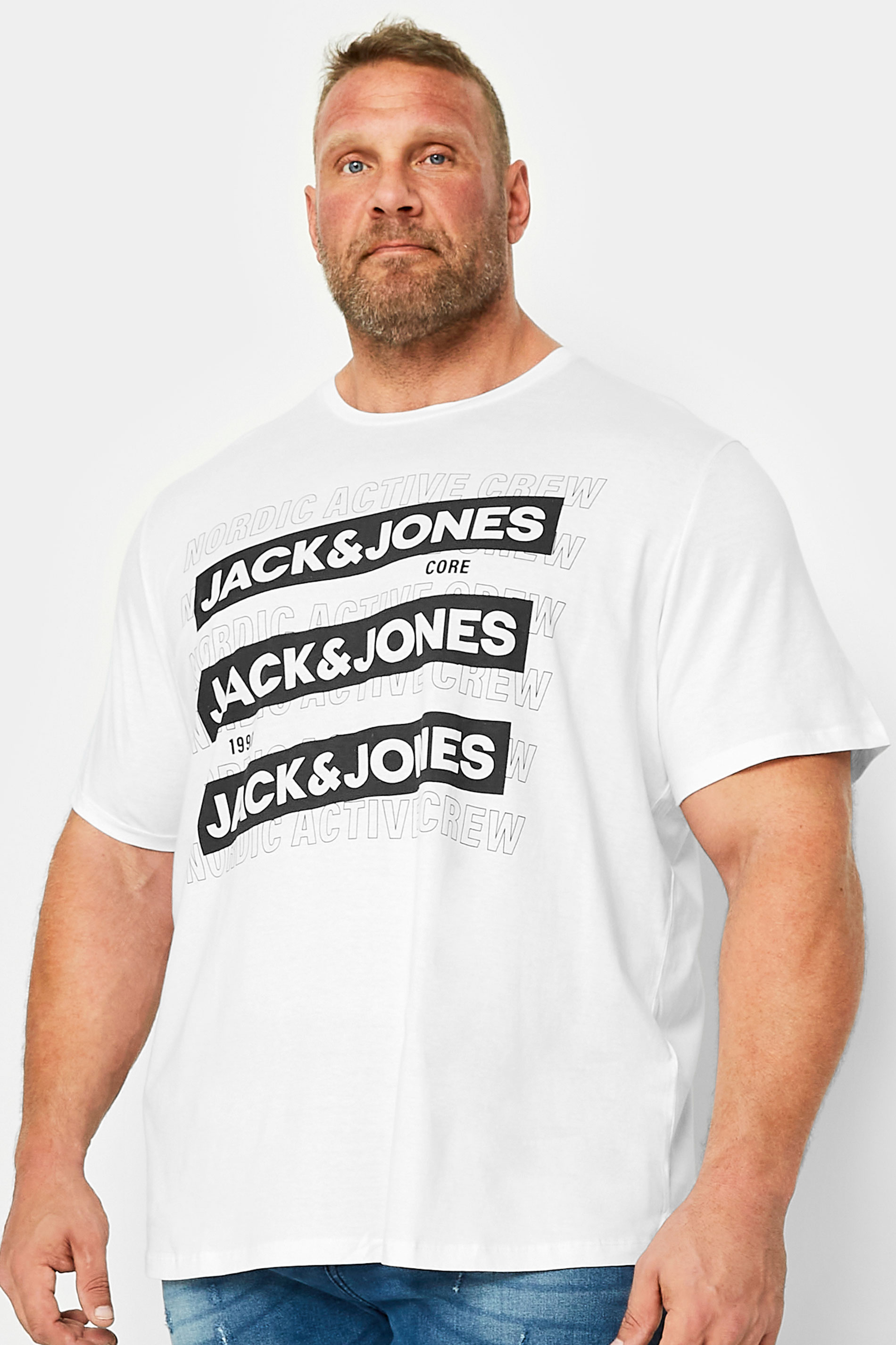 JACK & JONES Big & Tall White 'Nordic Active Crew' Logo T-Shirt | BadRhino 1