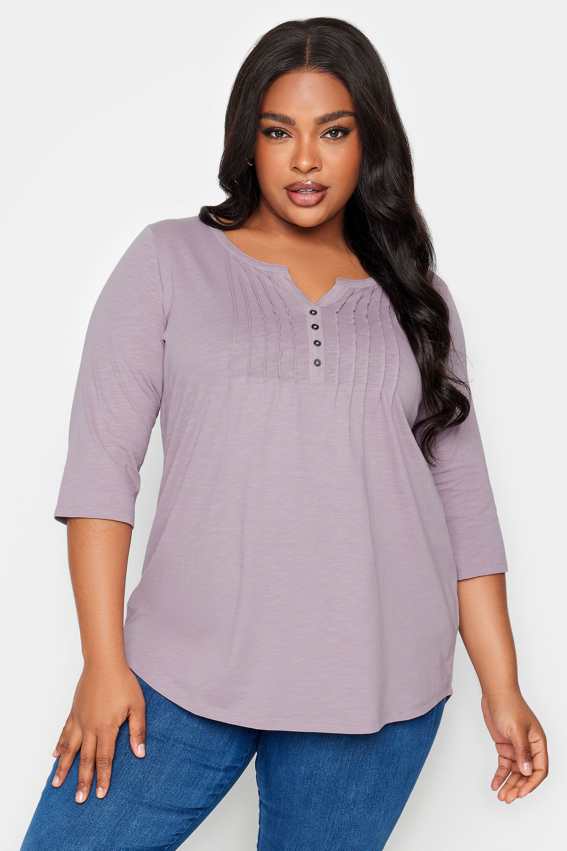 YOURS Plus Size Purple Pintuck Henley T-Shirt | Yours Clothing 1