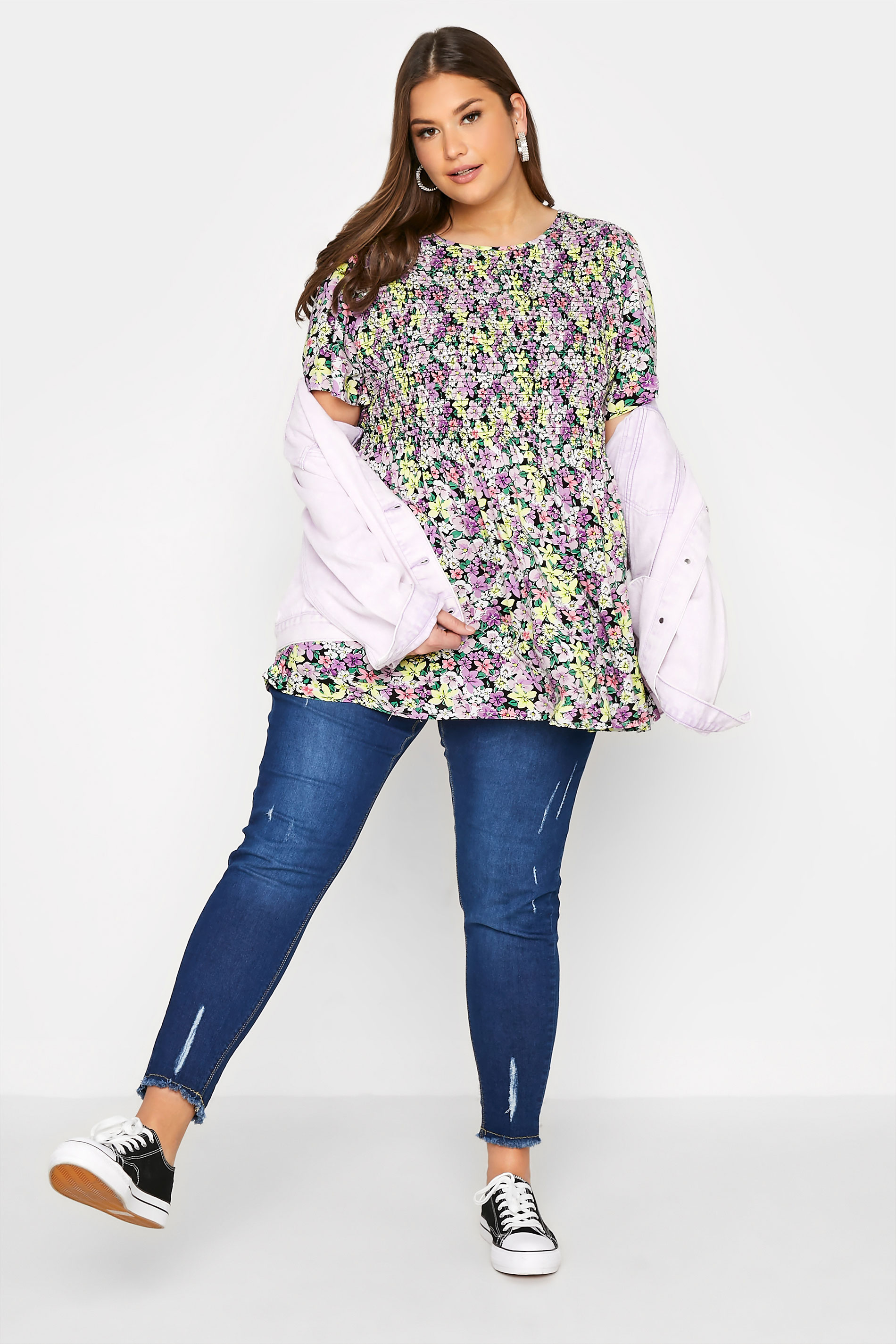 Plus Size Black & Purple Floral Print Shirred Smock Top | Yours Clothing  2
