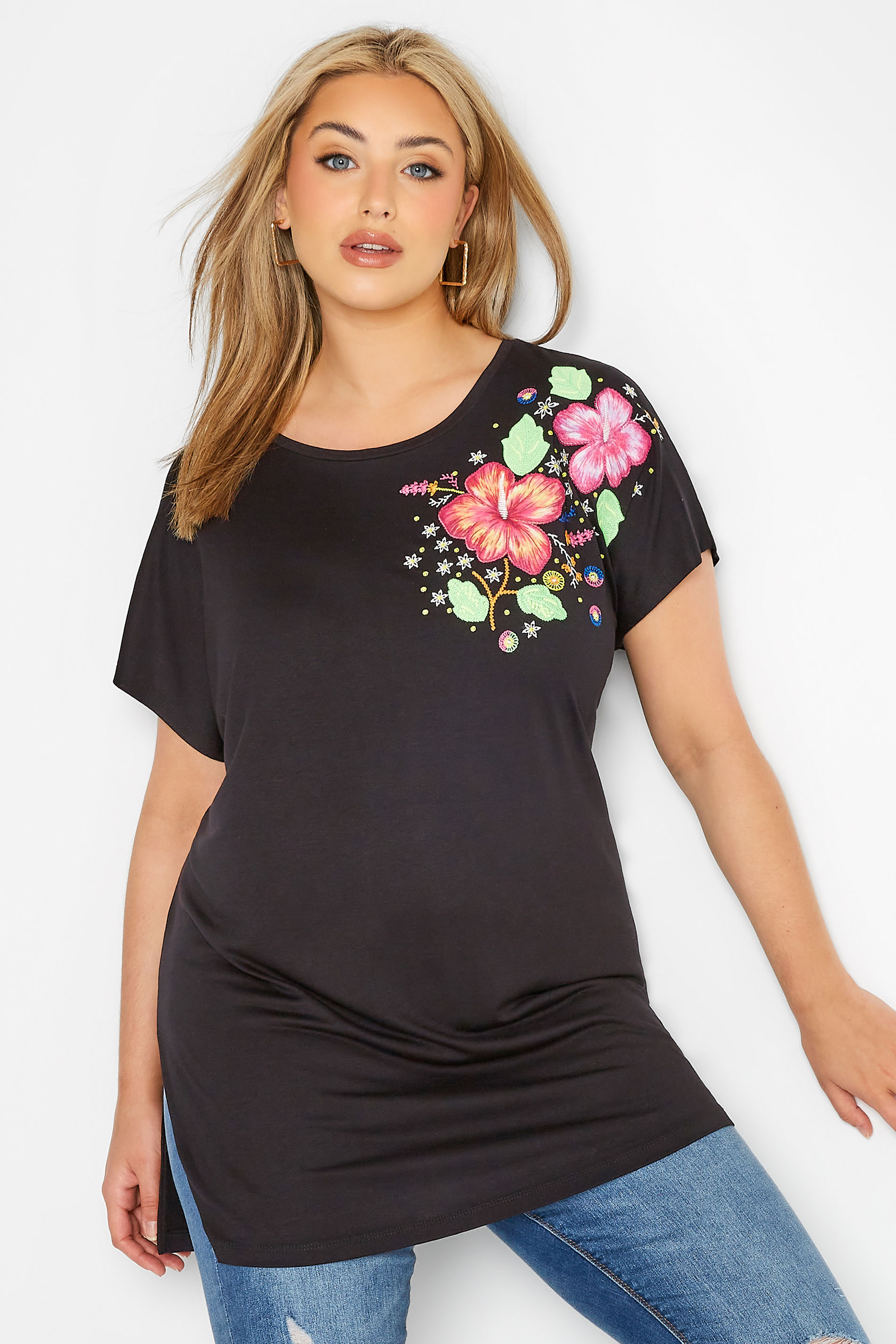 Grande taille  Tops Grande taille  T-Shirts | T-Shirt Noir Manches Courtes en Floral - IU44671