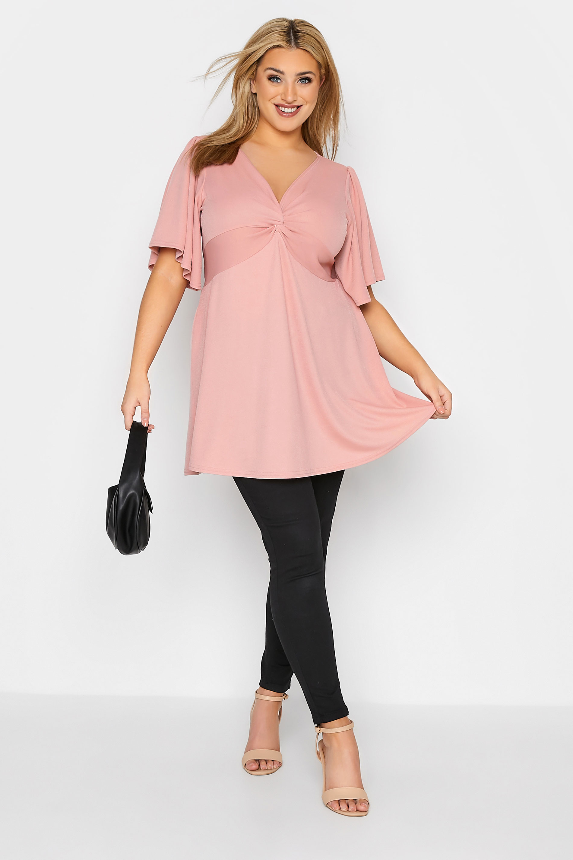 YOURS LONDON Plus Size Pink Knot Front Angel Sleeve Top | Yours Clothing 2