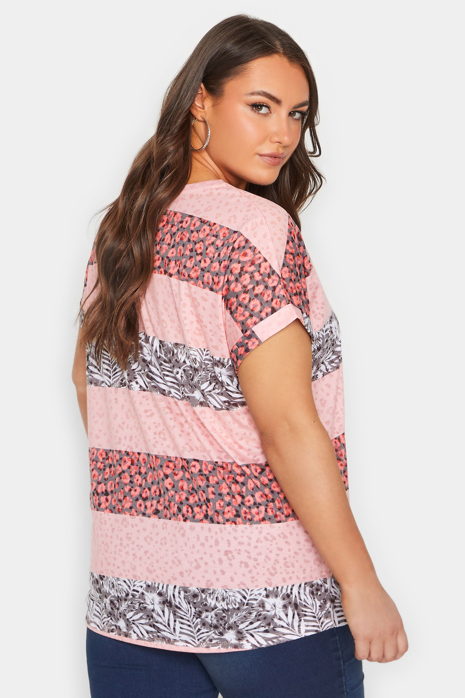 YOURS Curve Plus Size Pink Mixed Print Colour Block T-Shirt | Yours Clothing  3