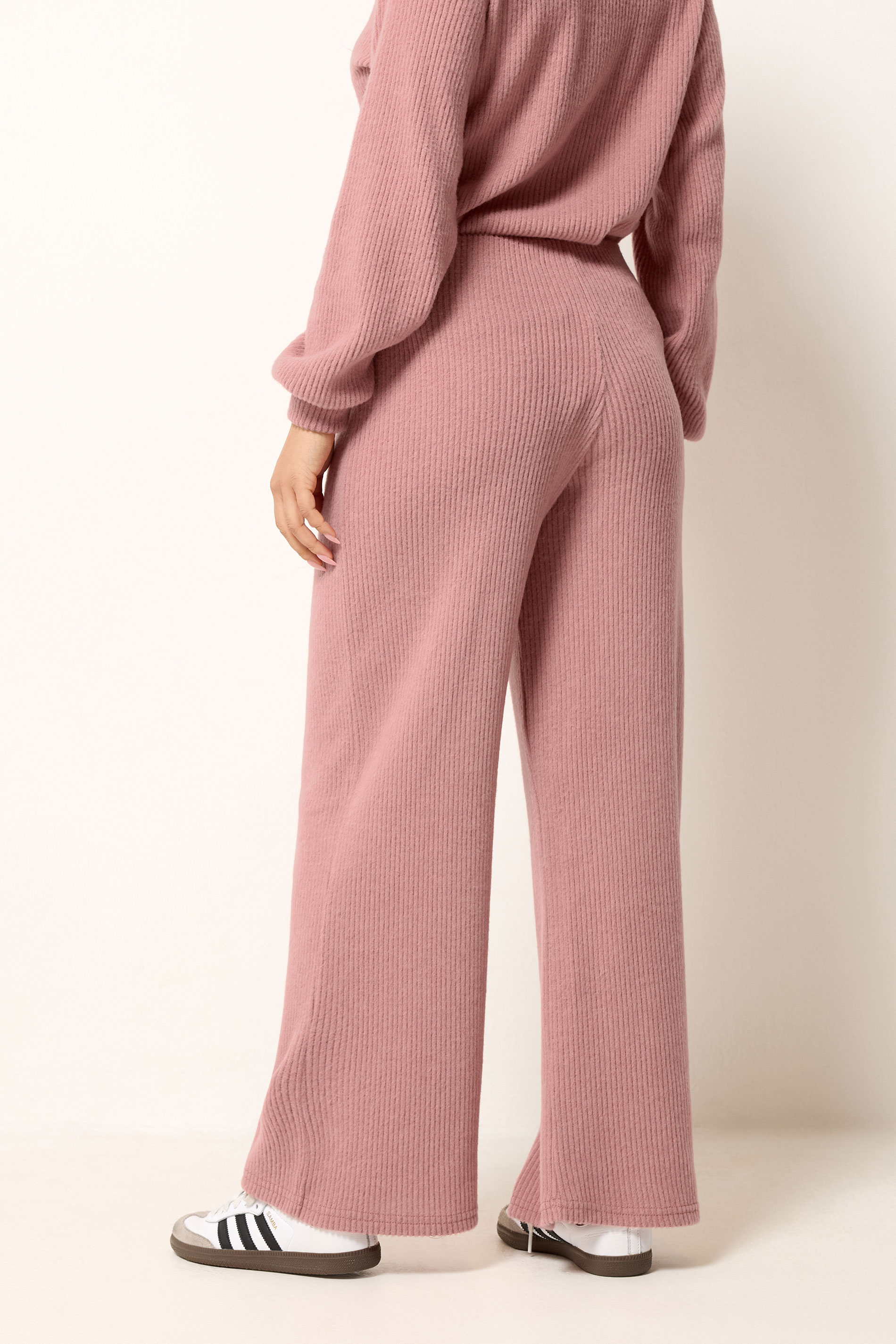 PixieGirl Petite Women's Pink Marl Ribbed Soft Touch Wide Leg Trousers | PixieGirl 2
