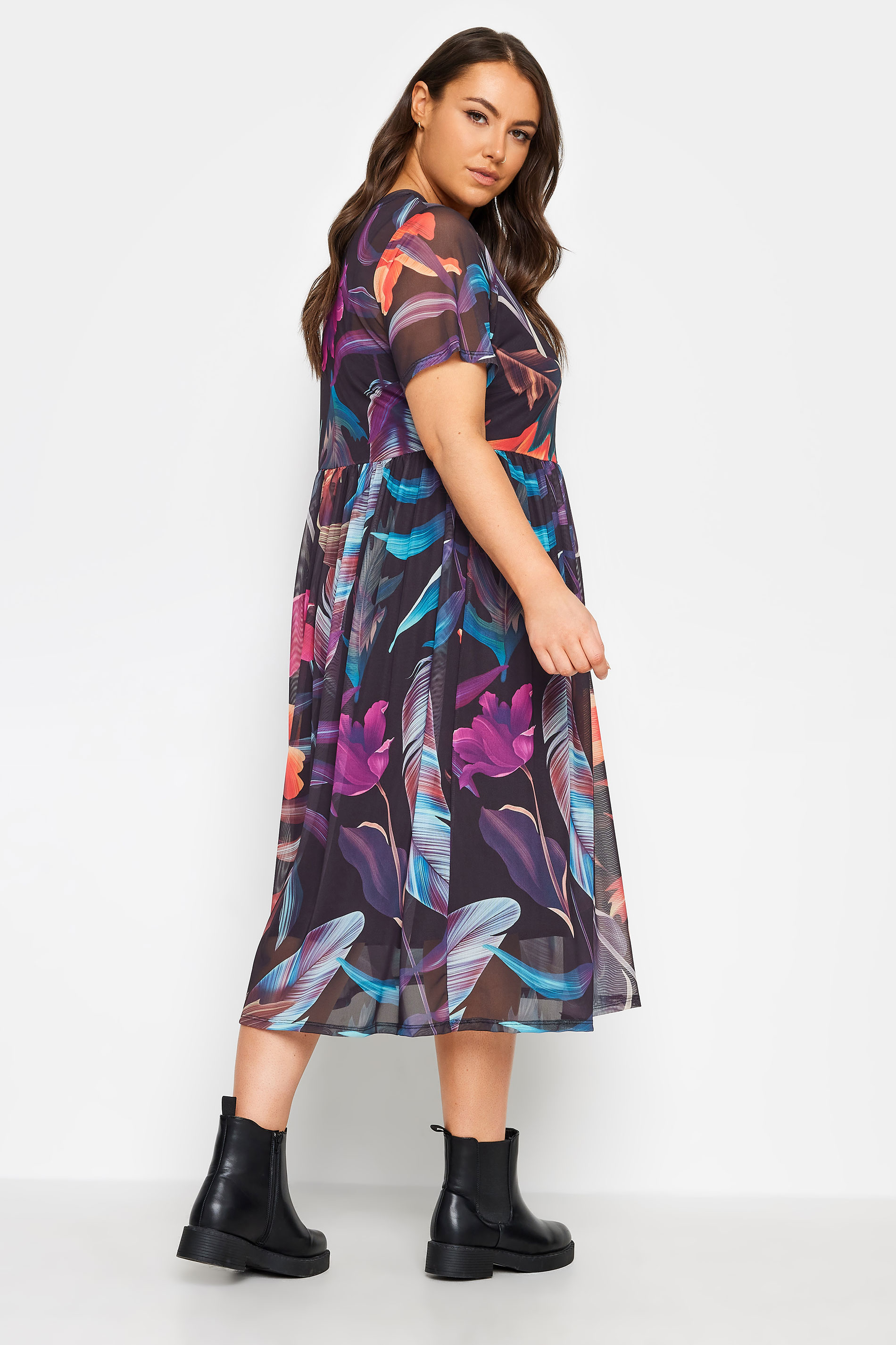YOURS Plus Size Black Tropical Print Mesh Smock Dress | Yours Clothing 3