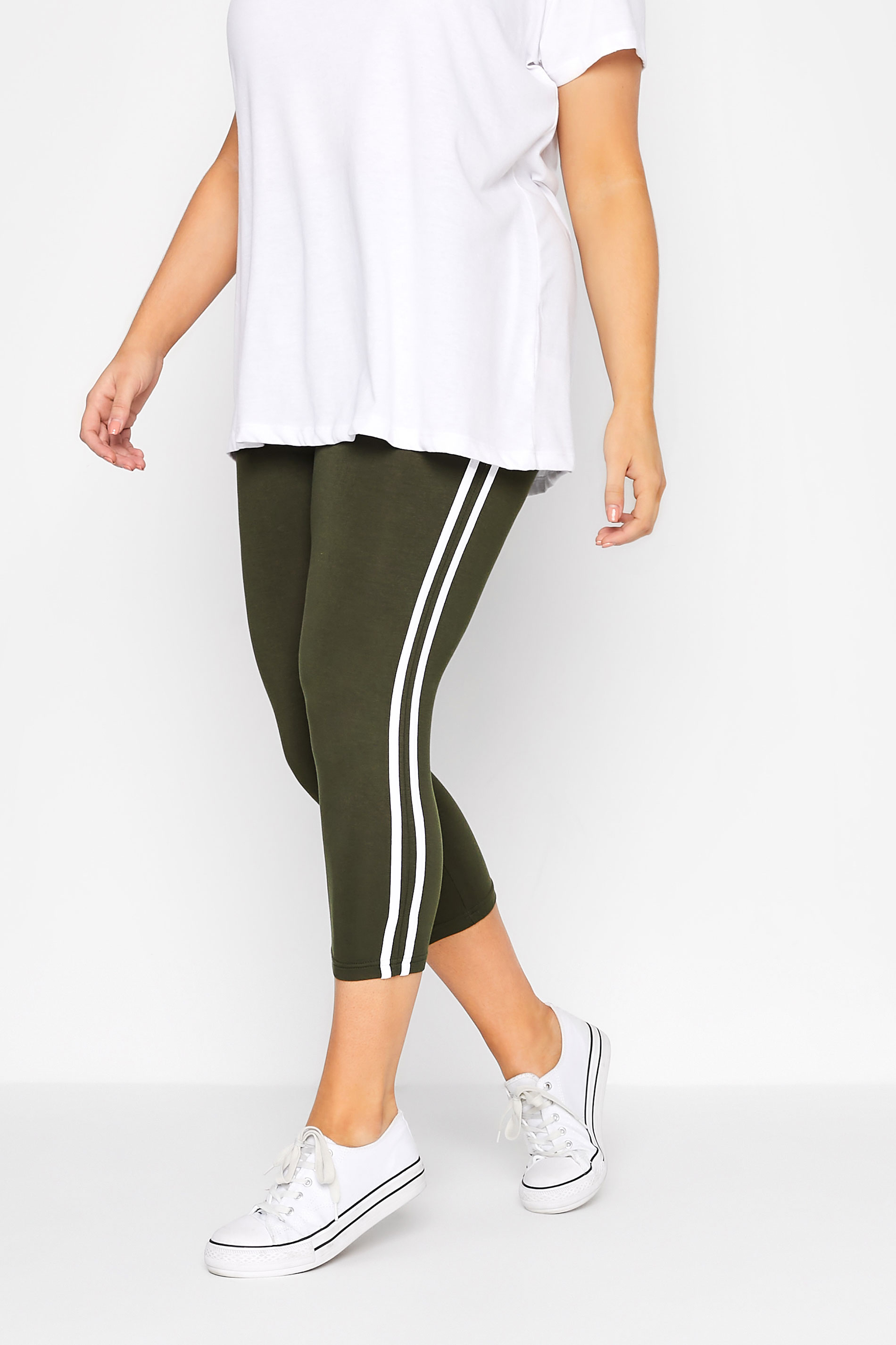 Plus Size Khaki Green Double Side Stripe Cropped Leggings | Yours Clothing 1