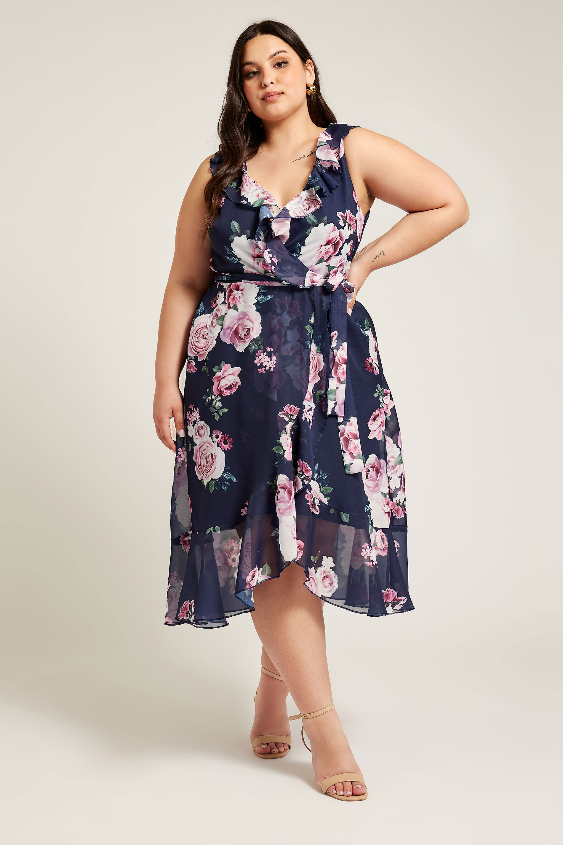 YOURS LONDON Plus Size Navy Blue Floral Ruffle Wrap Dress | Yours Clothing 2