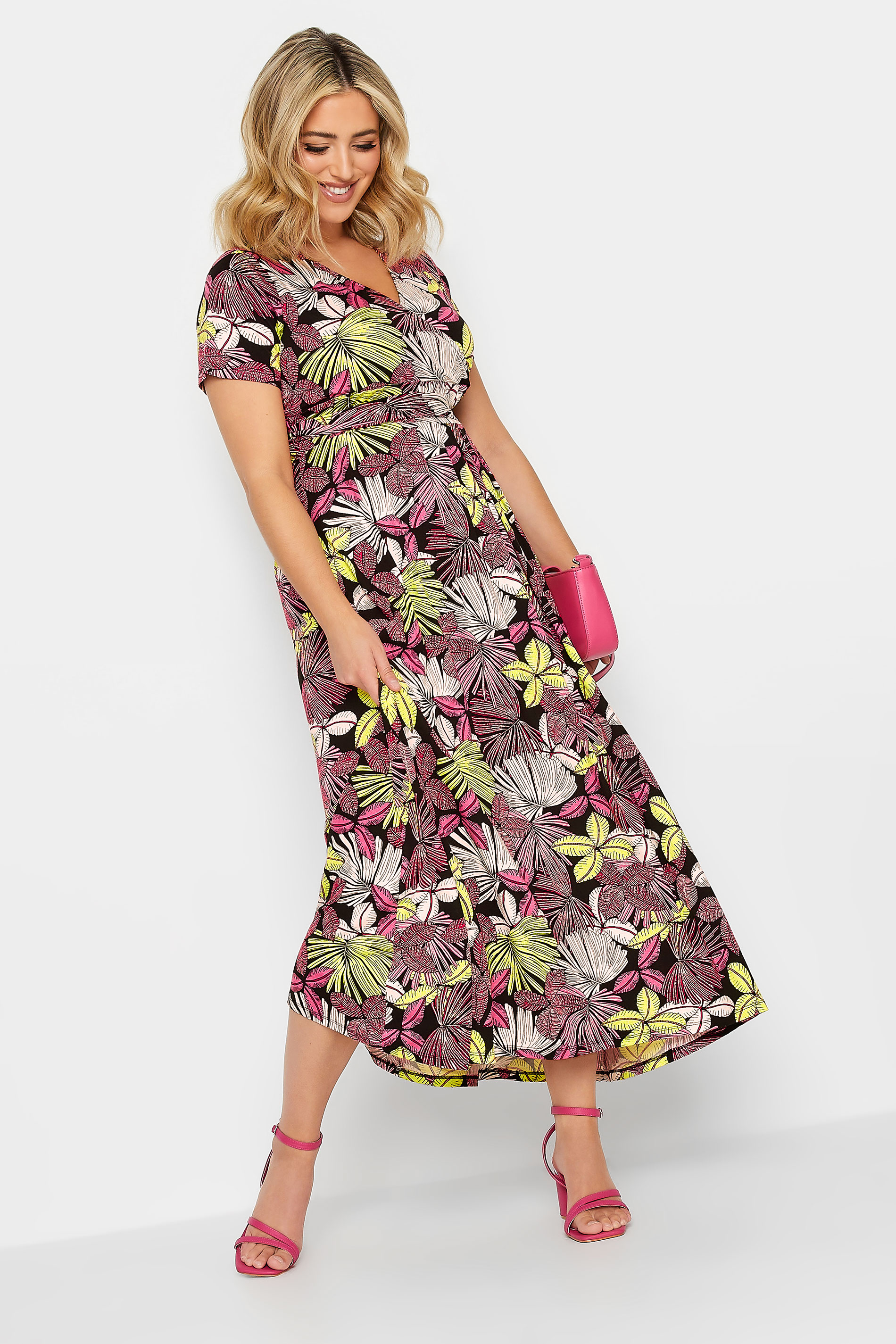 YOURS Plus Size Black & Pink Leaf Print Maxi Dress | Yours Clothing 2