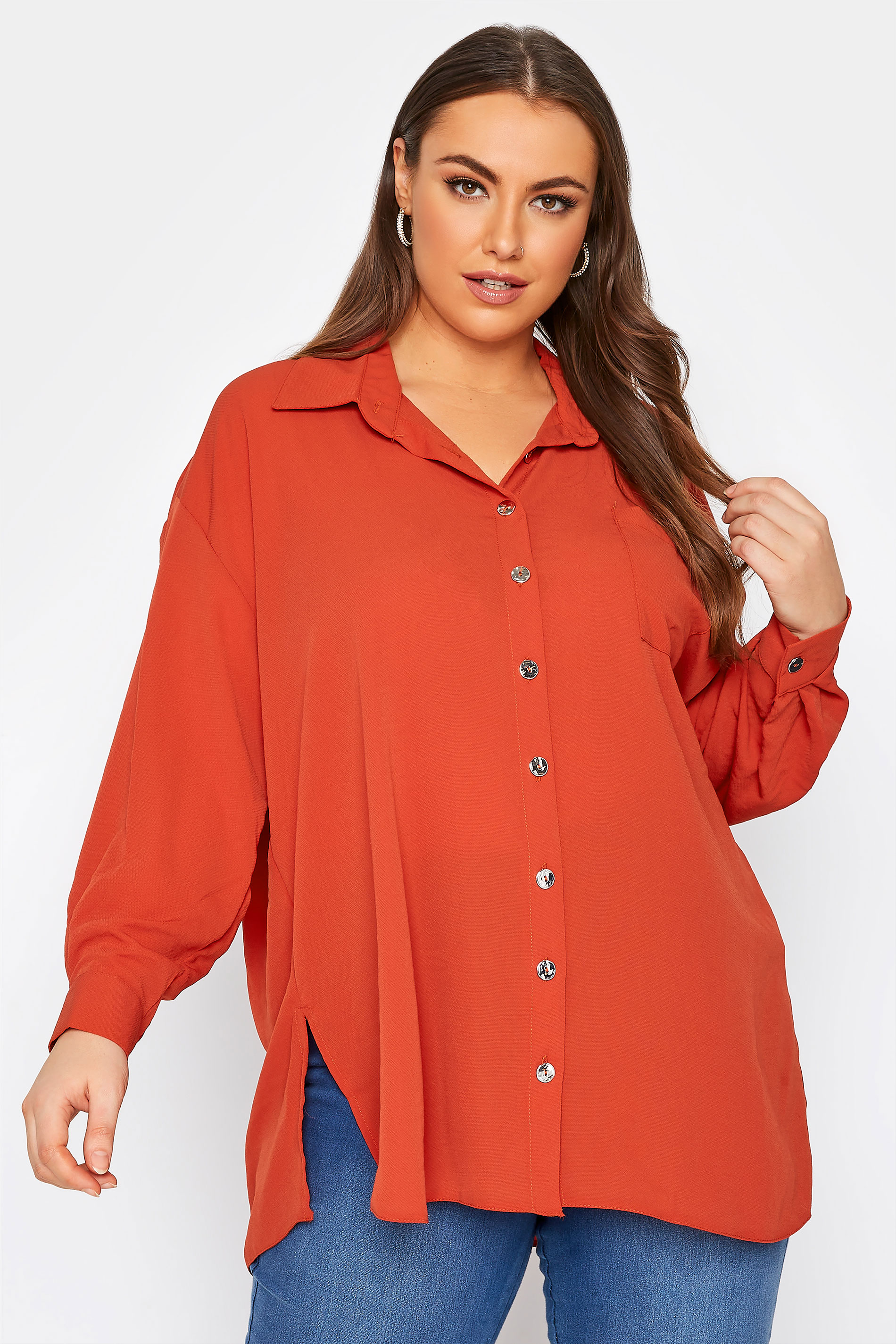 Plus Size Curve Rust Orange Button Through Shirt | Yours Clothing  1