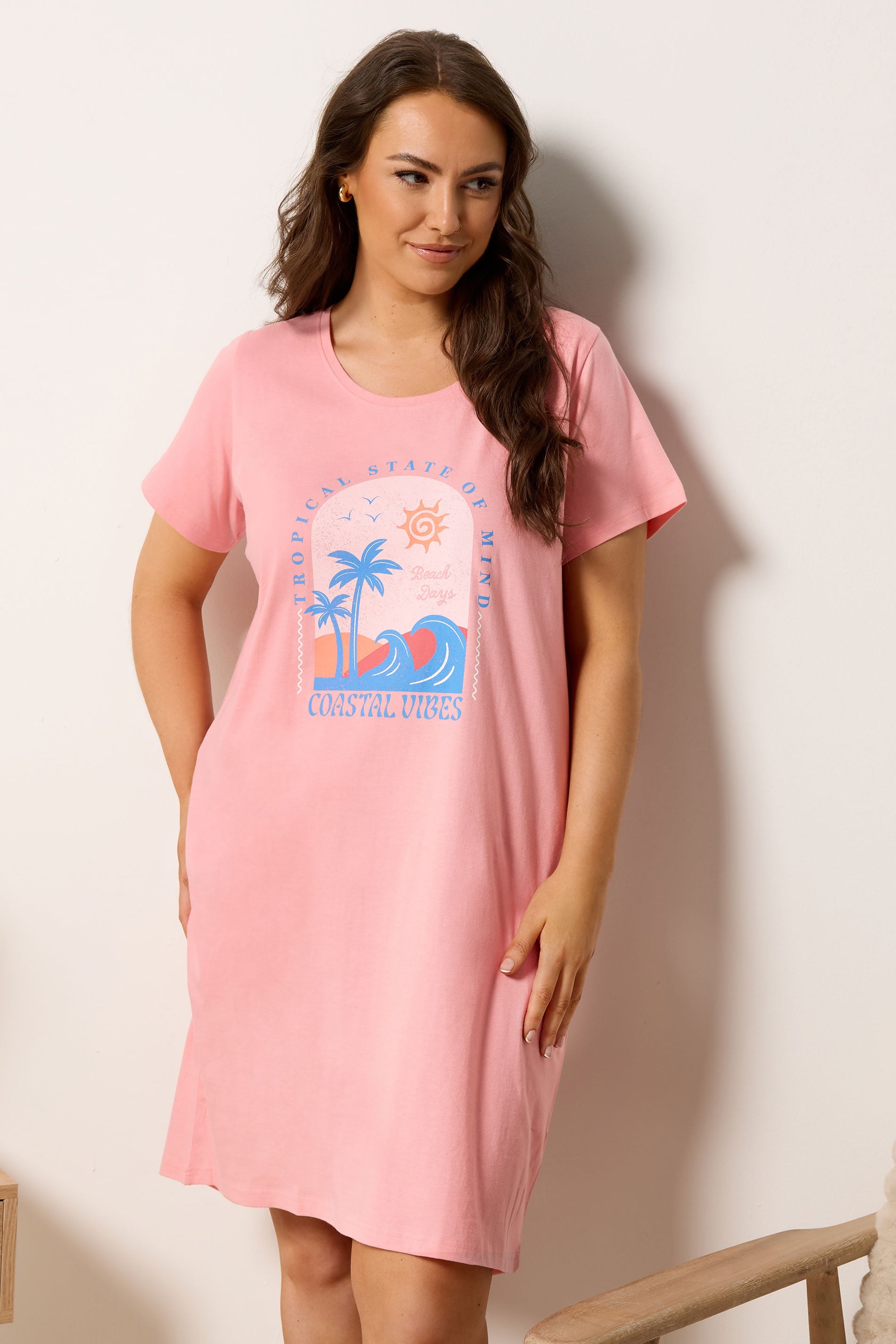 YOURS Plus Size Pink 'Coastal Vibes' Dipped Back Nightdress | Yours Clothing 3