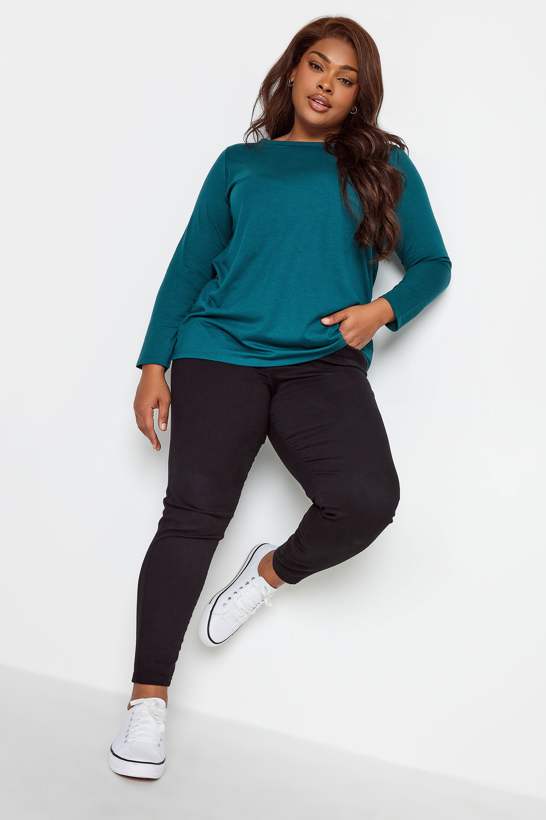 YOURS Curve Plus Size Teal Blue Long Sleeve Basic Top | Yours Clothing  2