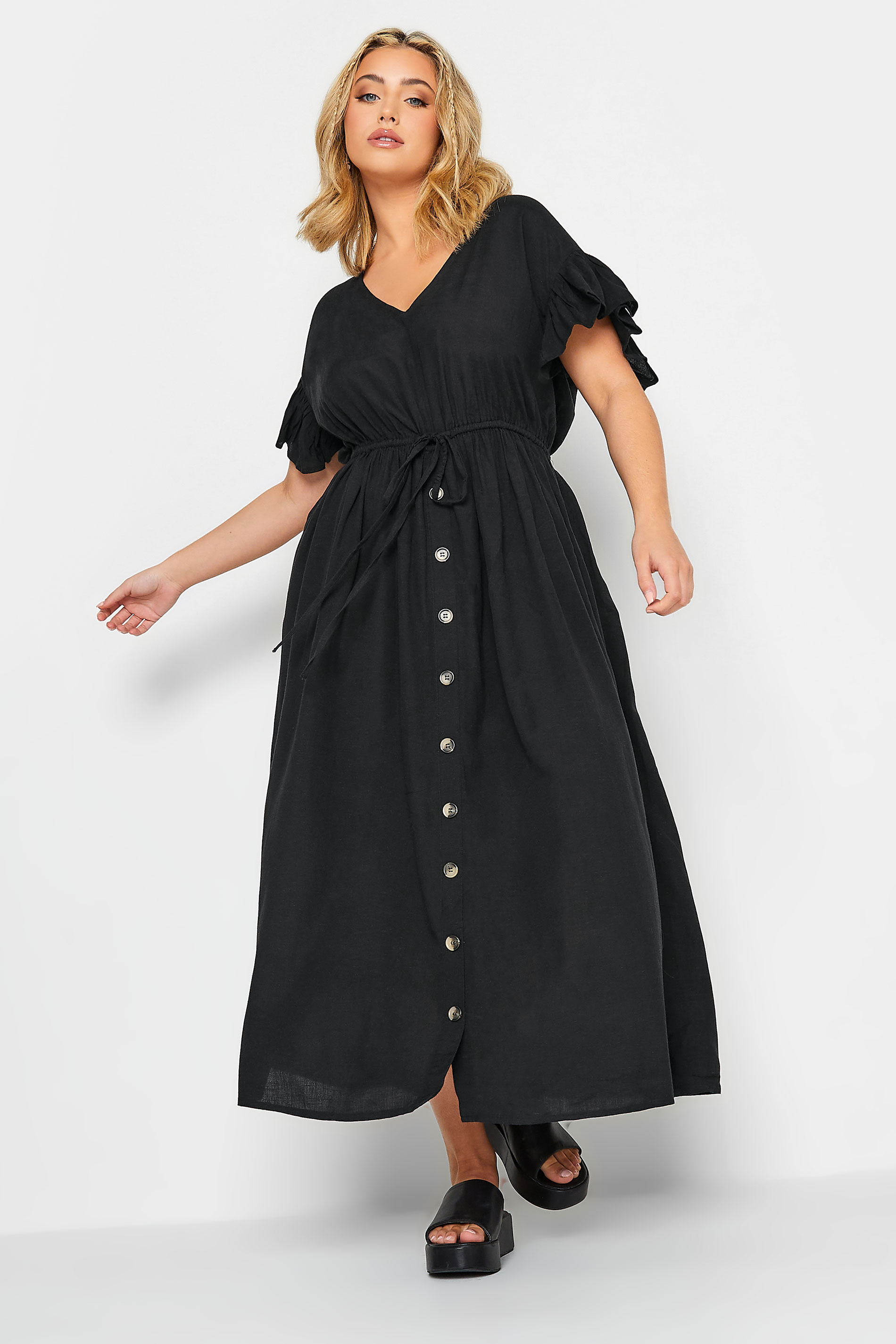 LIMITED COLLECTION Plus Size Black Frill Sleeve Linen Maxi Dress | Yours Clothing 3