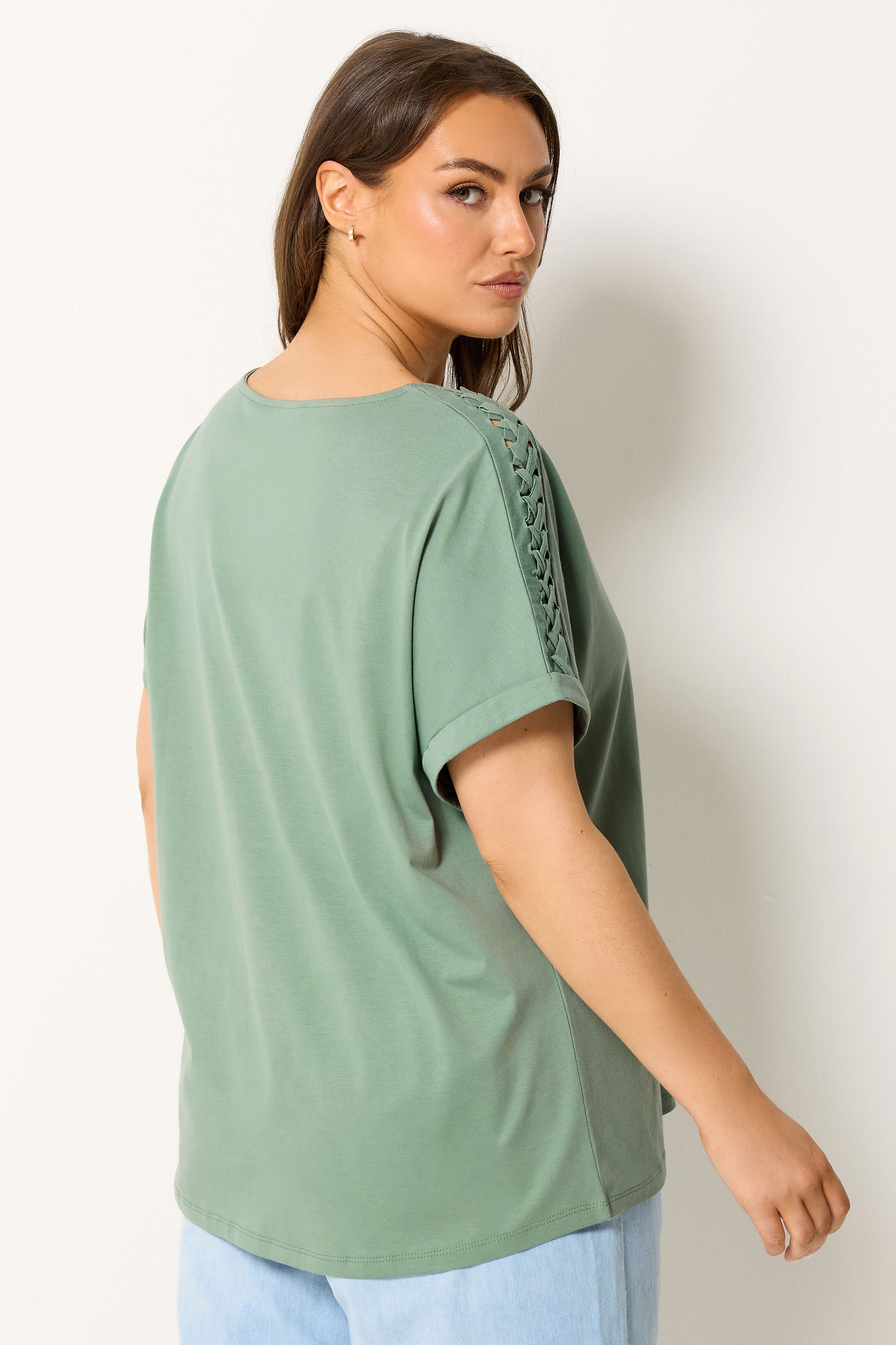 YOURS Plus Size Sage Green Lattice Grown On Sleeve T-Shirt | Yours Clothing 2