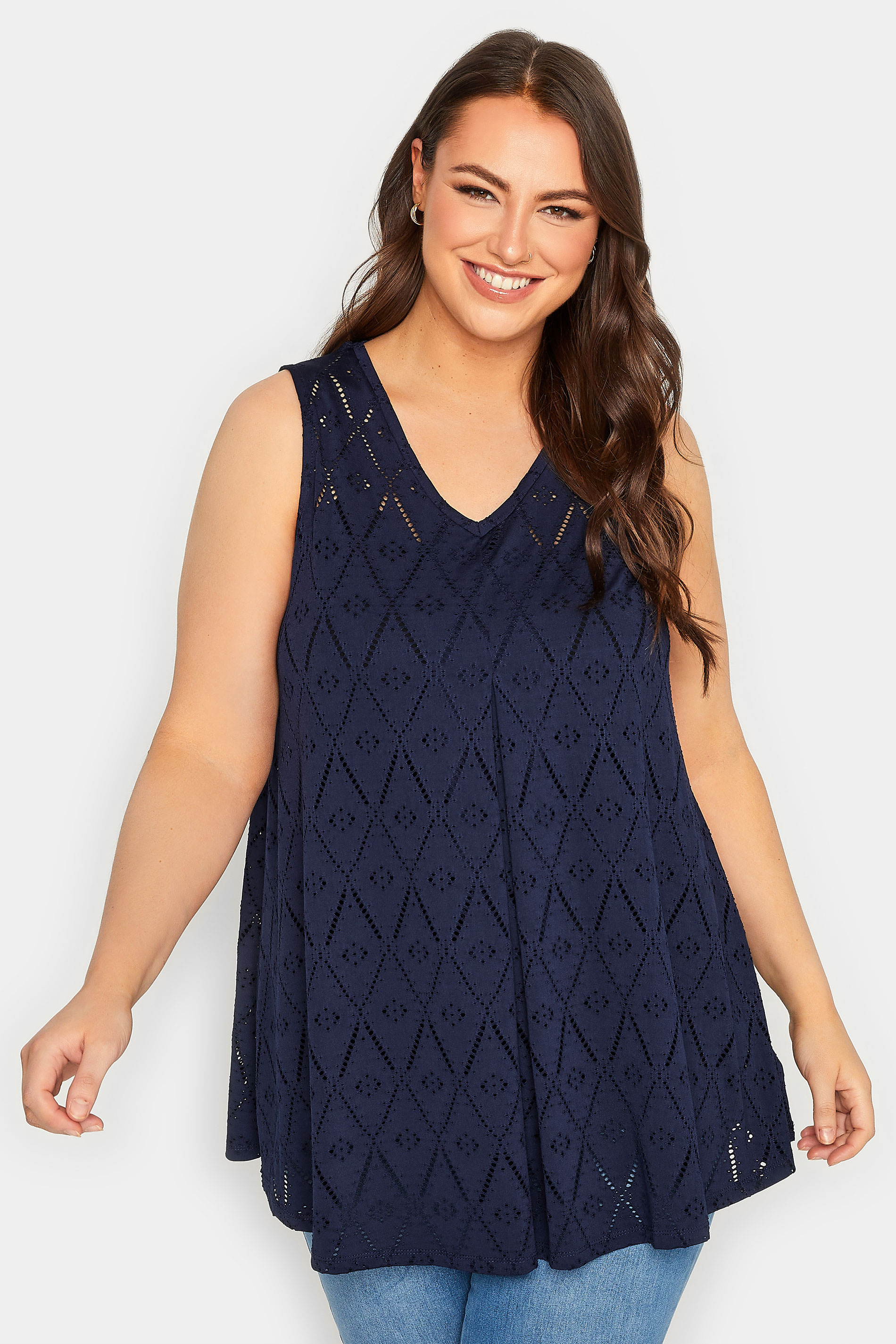 YOURS Plus Size Curve Navy Blue Broderie Swing Vest Top | Yours Clothing  1