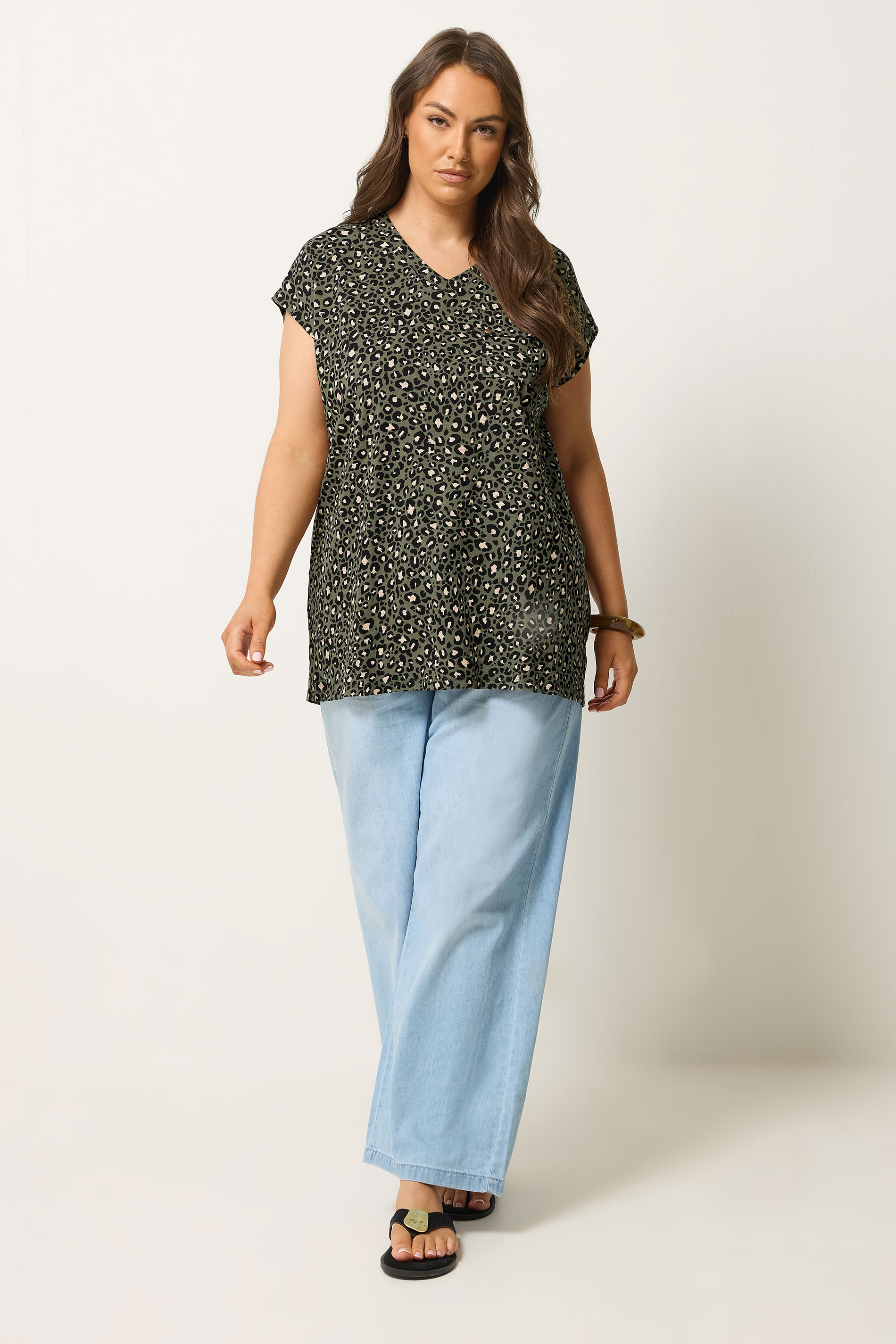 YOURS Plus Size Khaki Green Leopard Stud Pocket T-Shirt | Yours Clothing 1