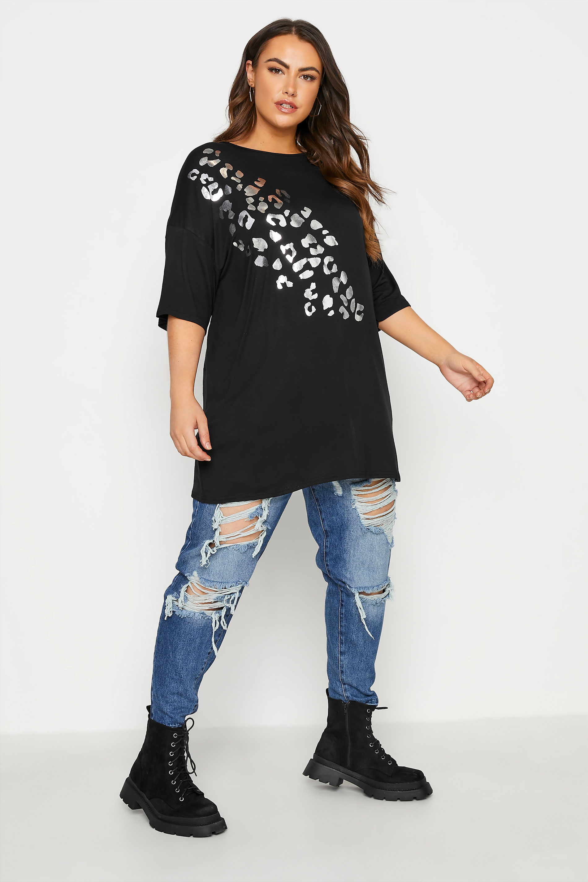 Plus Size LIMITED COLLECTION Black Foil Leopard Print Oversized T-Shirt | Yours Clothing  2