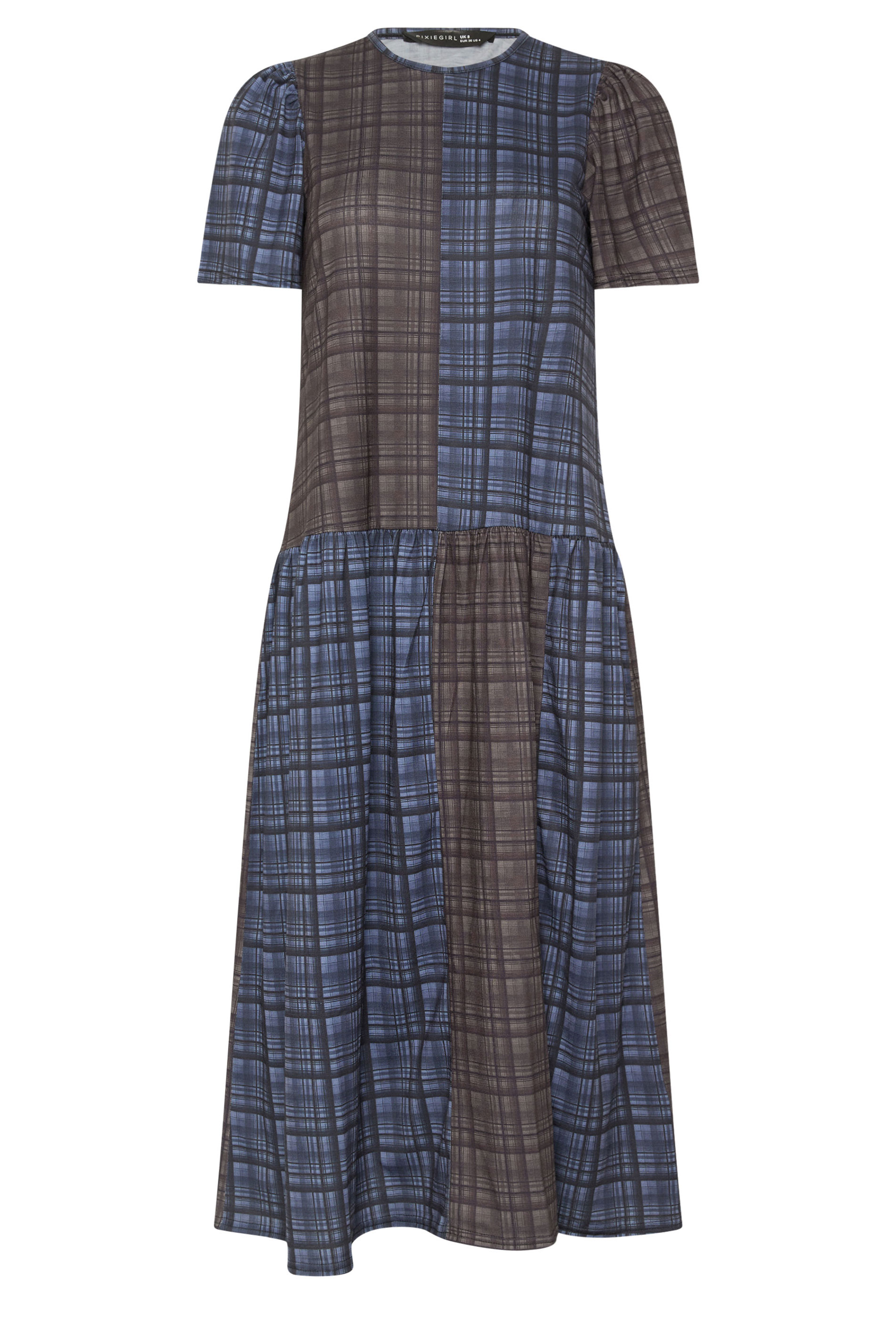 PixieGirl Petite Women's Navy Blue & Brown Check Midi Dress | PixieGirl 5