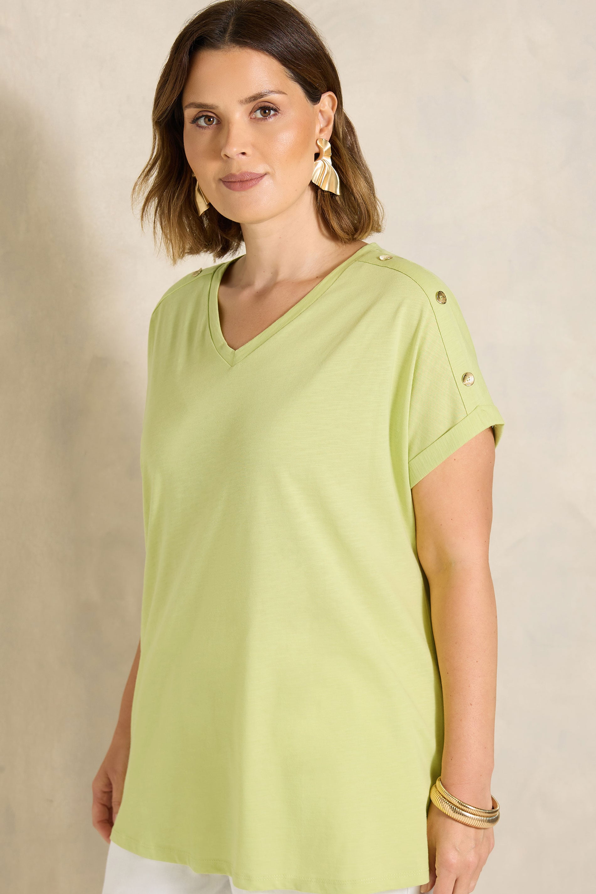 EVANS Plus Size Lime Green Button Shoulder T-Shirt | Evans 3