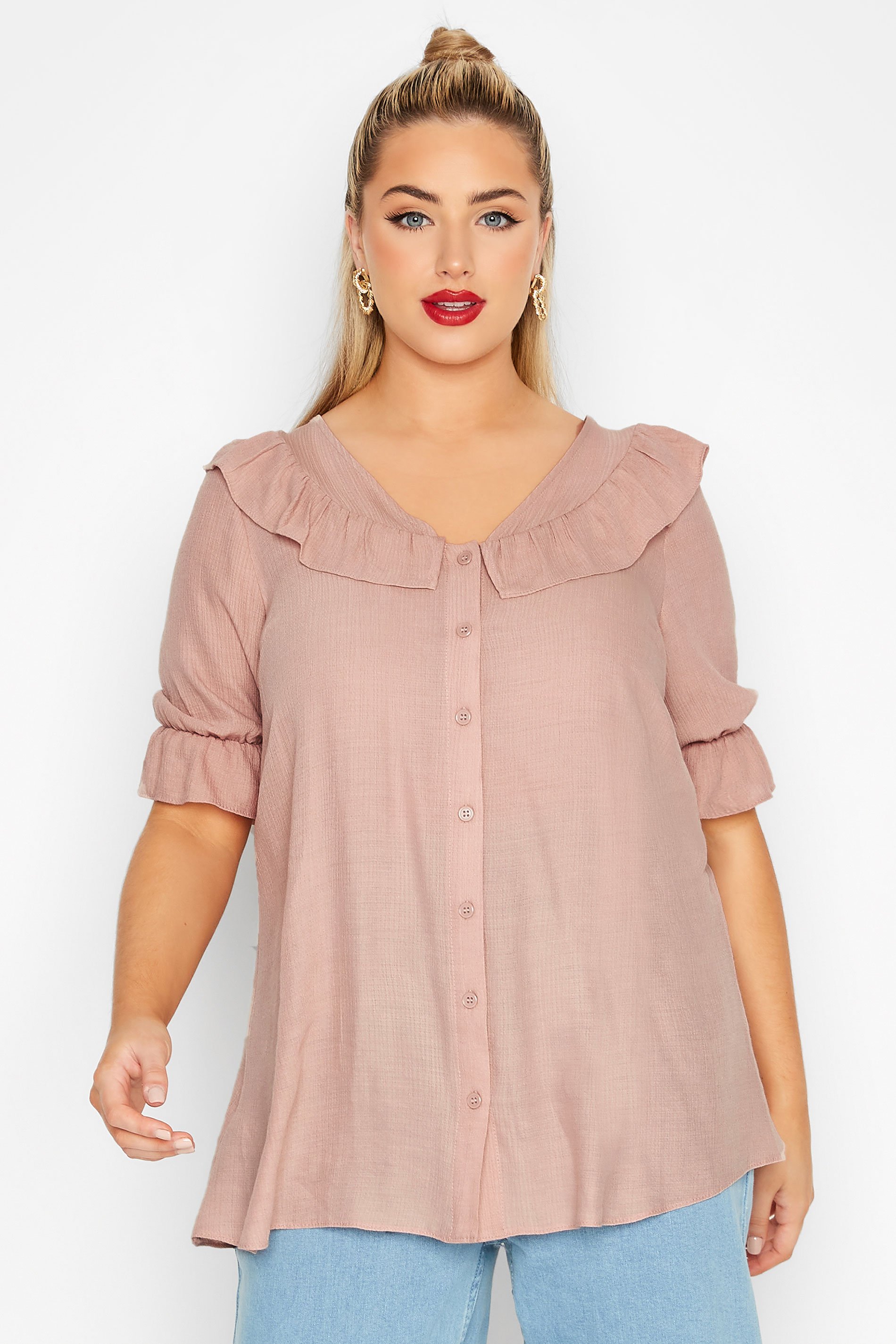 LIMITED COLLECTION Plus Size Pink Button Frill Blouse | Yours Clothing  1