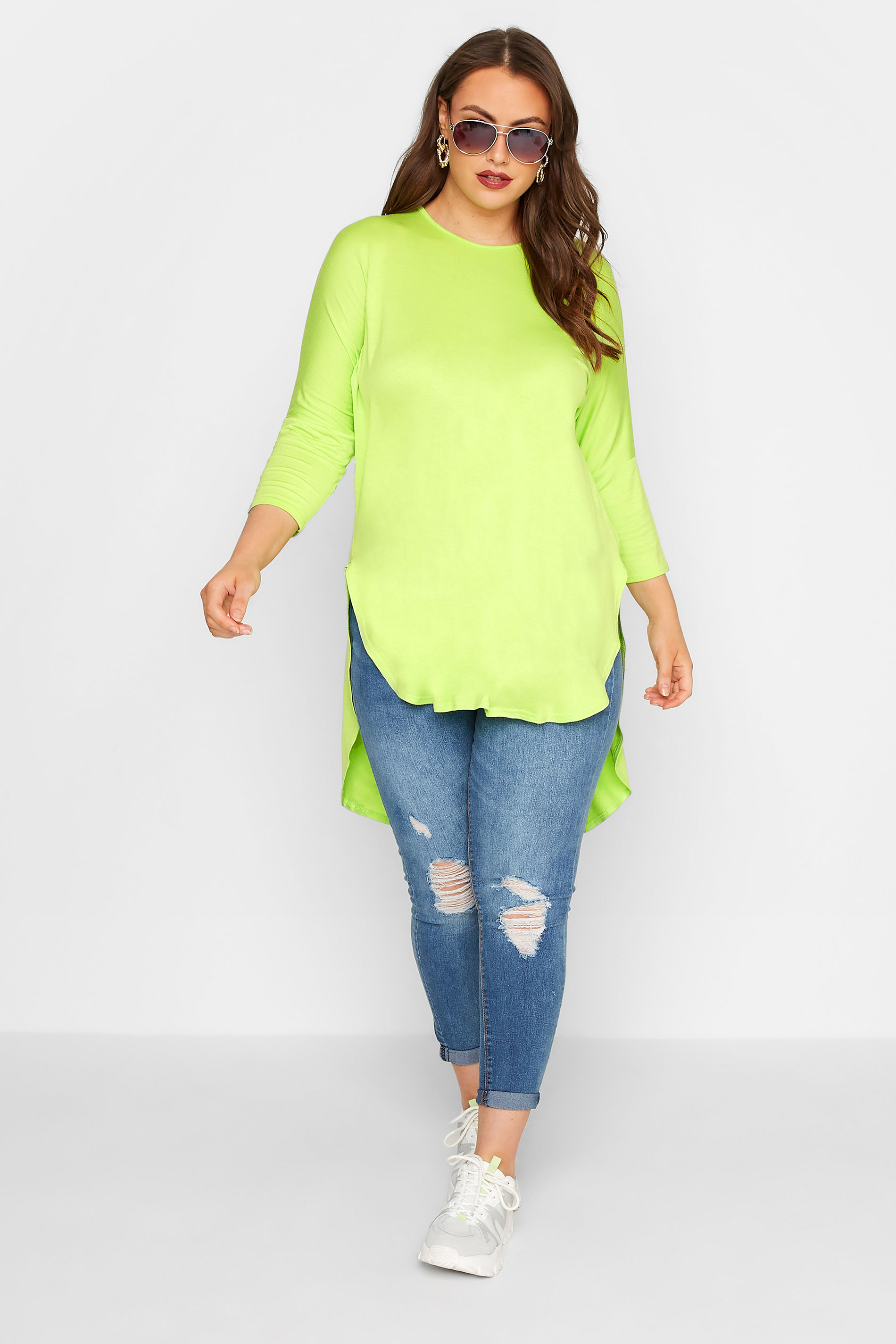 Grande taille  Tops Grande taille  Tops Ourlet Plongeant | LIMITED COLLECTION - T-Shirt Vert Citron Manches Longues Ourlet Plongeant - RY98788