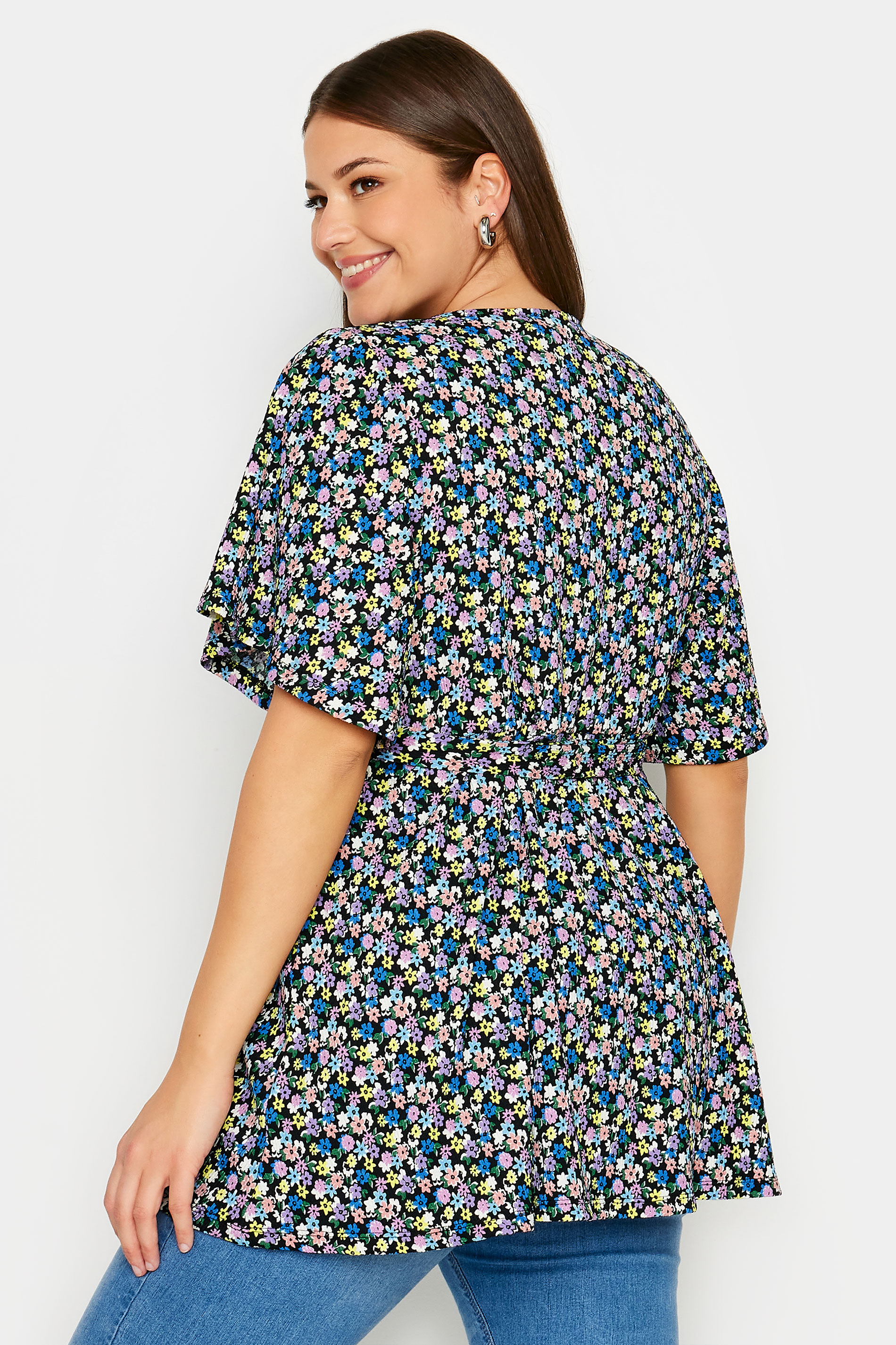 YOURS Plus Size Black Floral Print Textured Wrap Top | Yours Clothing 3