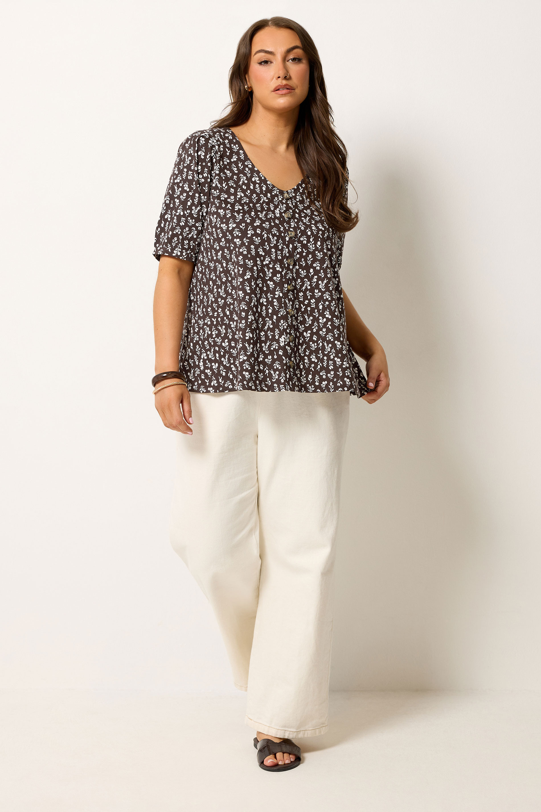 YOURS Plus Size Chocolate Brown Floral Button Front Top | Yours Clothing 1