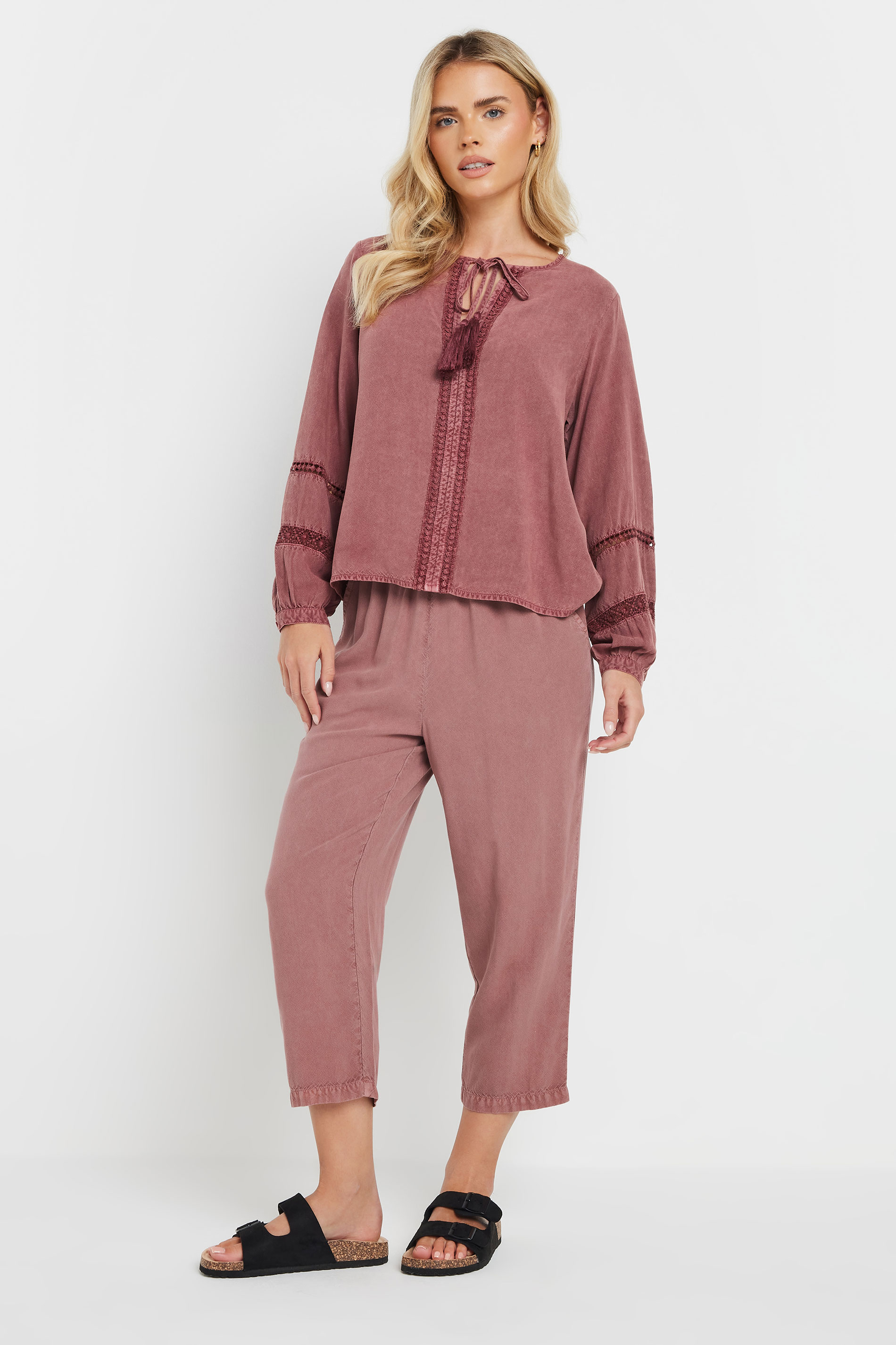 M&Co Petite Pink Long Sleeve Tie Neck Blouse | M&Co 2