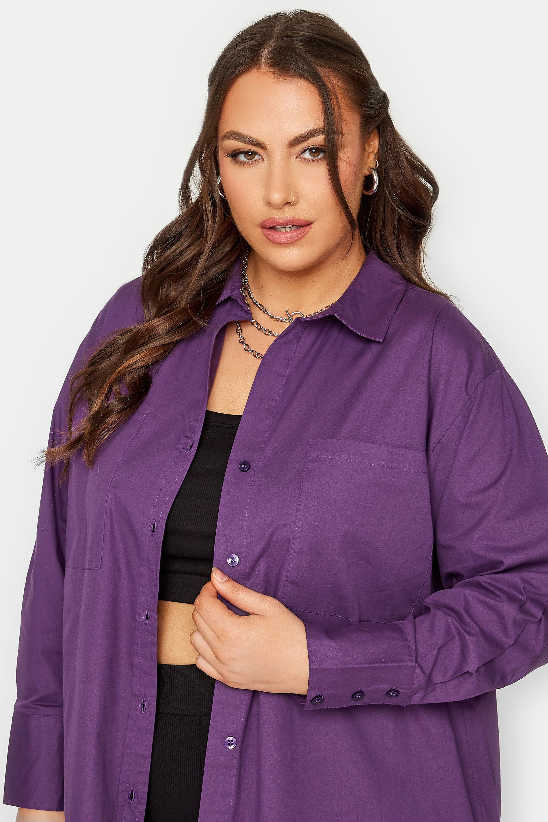 LIMITED COLLECTION Curve Dark Purple Oversized Boyfriend Shirt | Yours Clothing 1
