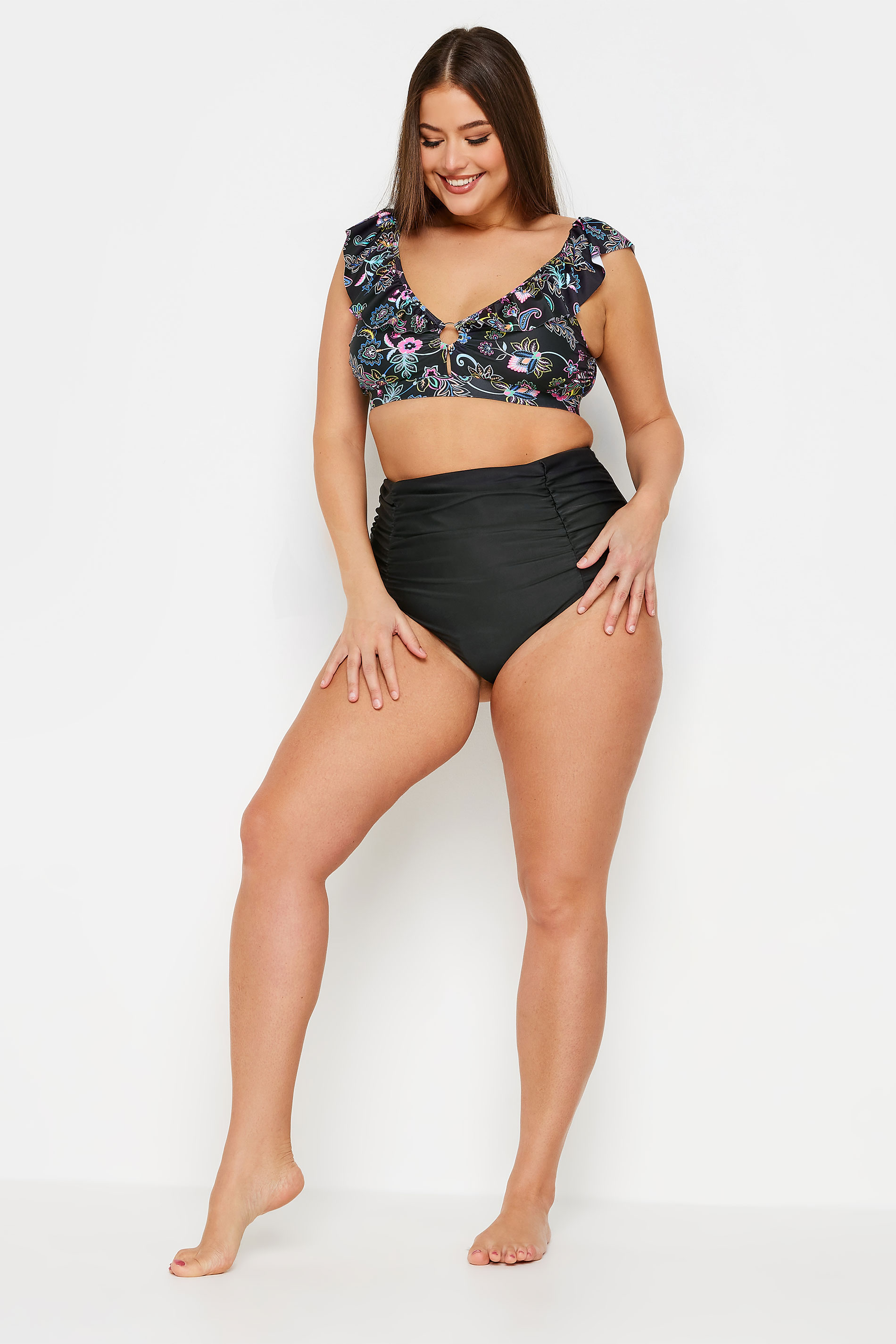 YOURS Plus Size Black Ruched Super High Waisted Tummy Control Bikini Briefs | Yours Clothing 2