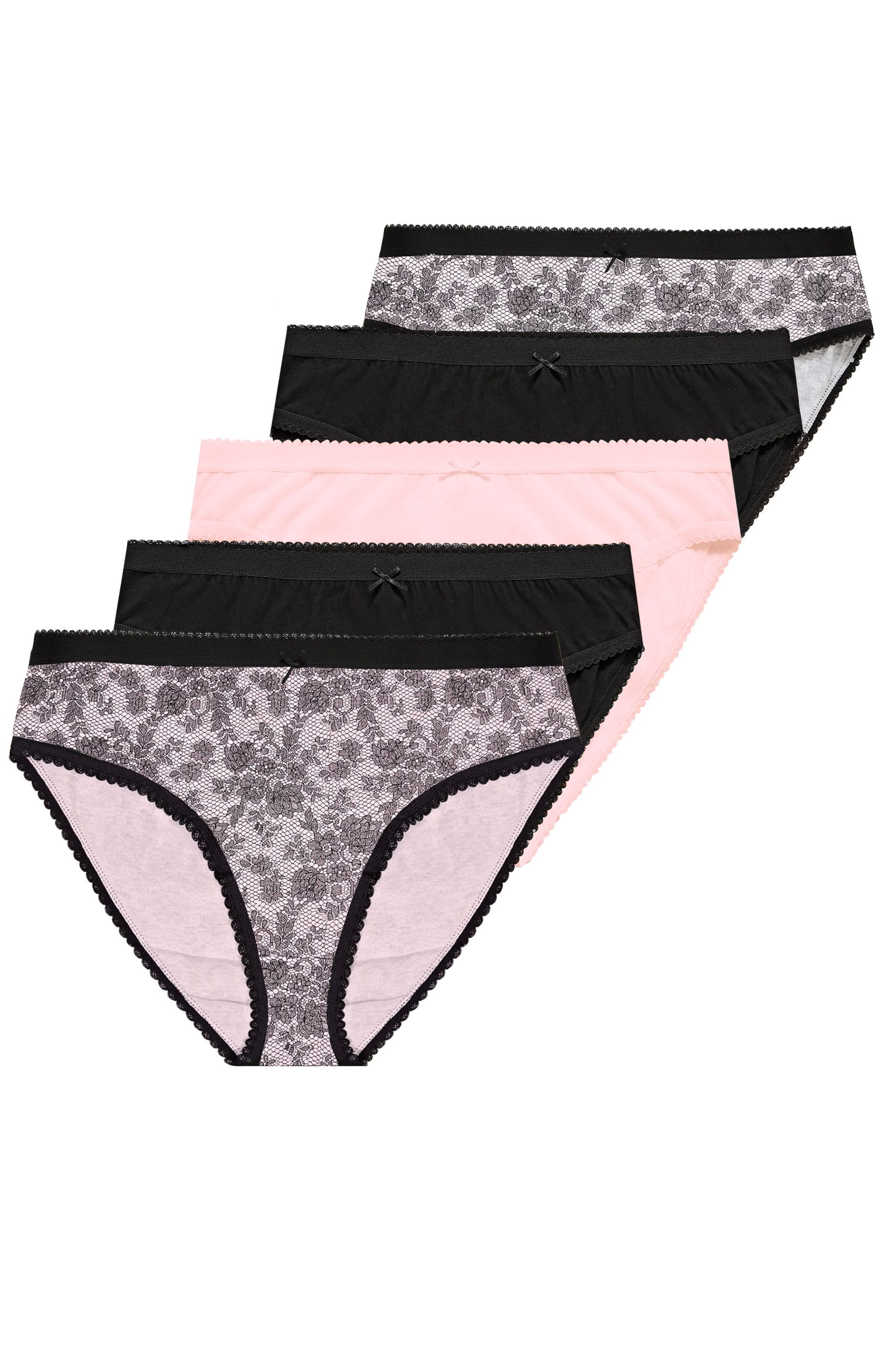 5 PACK Pink & Black Lace High Leg Briefs | Yours Clothing
