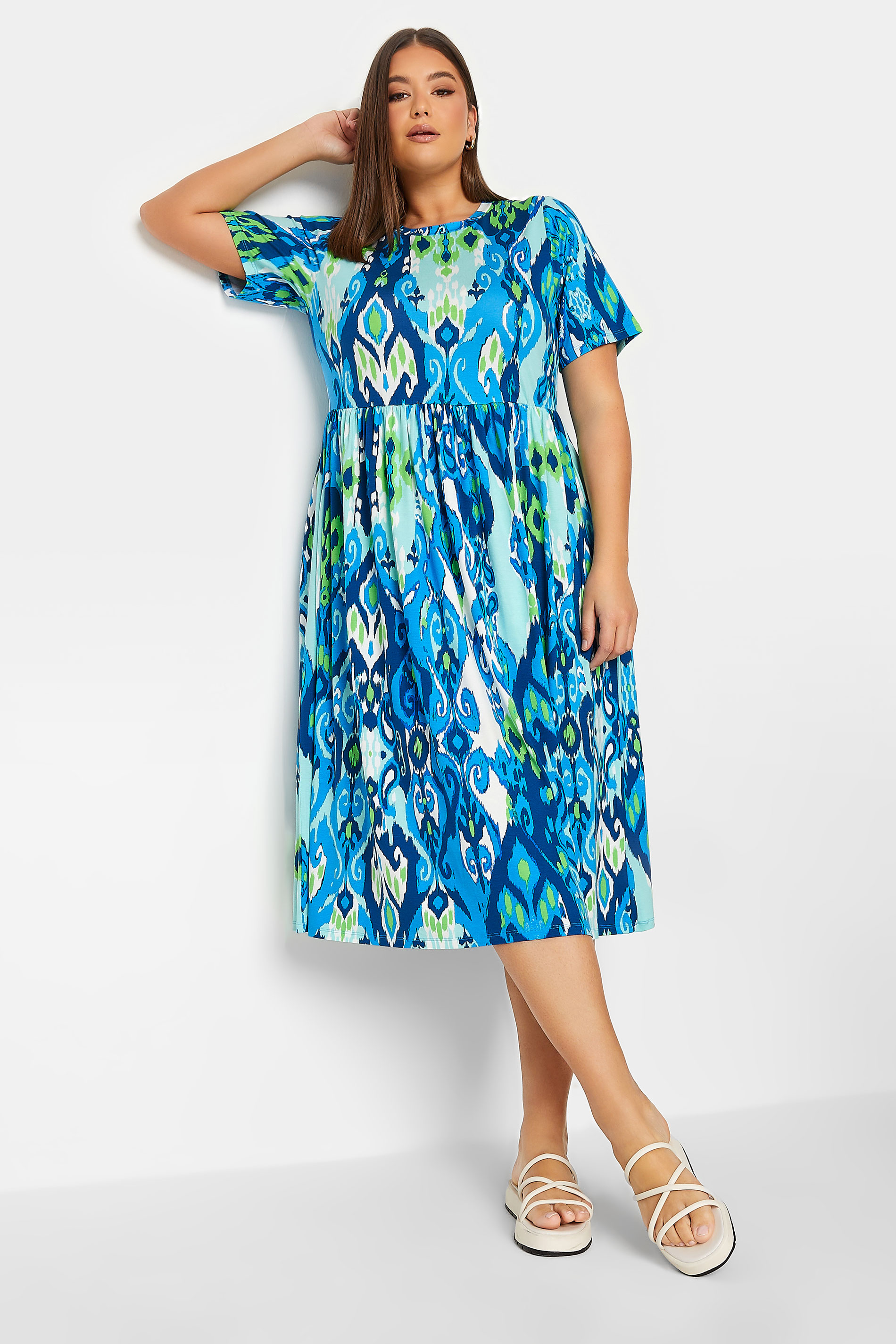 YOURS Curve Blue Abstract Print Frill Sleeve Smock Dress 2