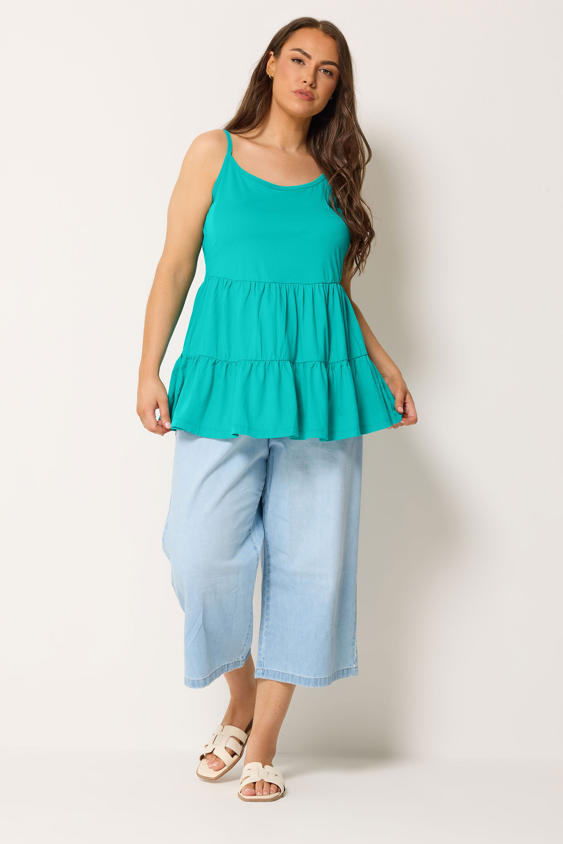 YOURS Plus Size Turquoise Blue Tiered Strappy Vest Top | Yours Clothing 1