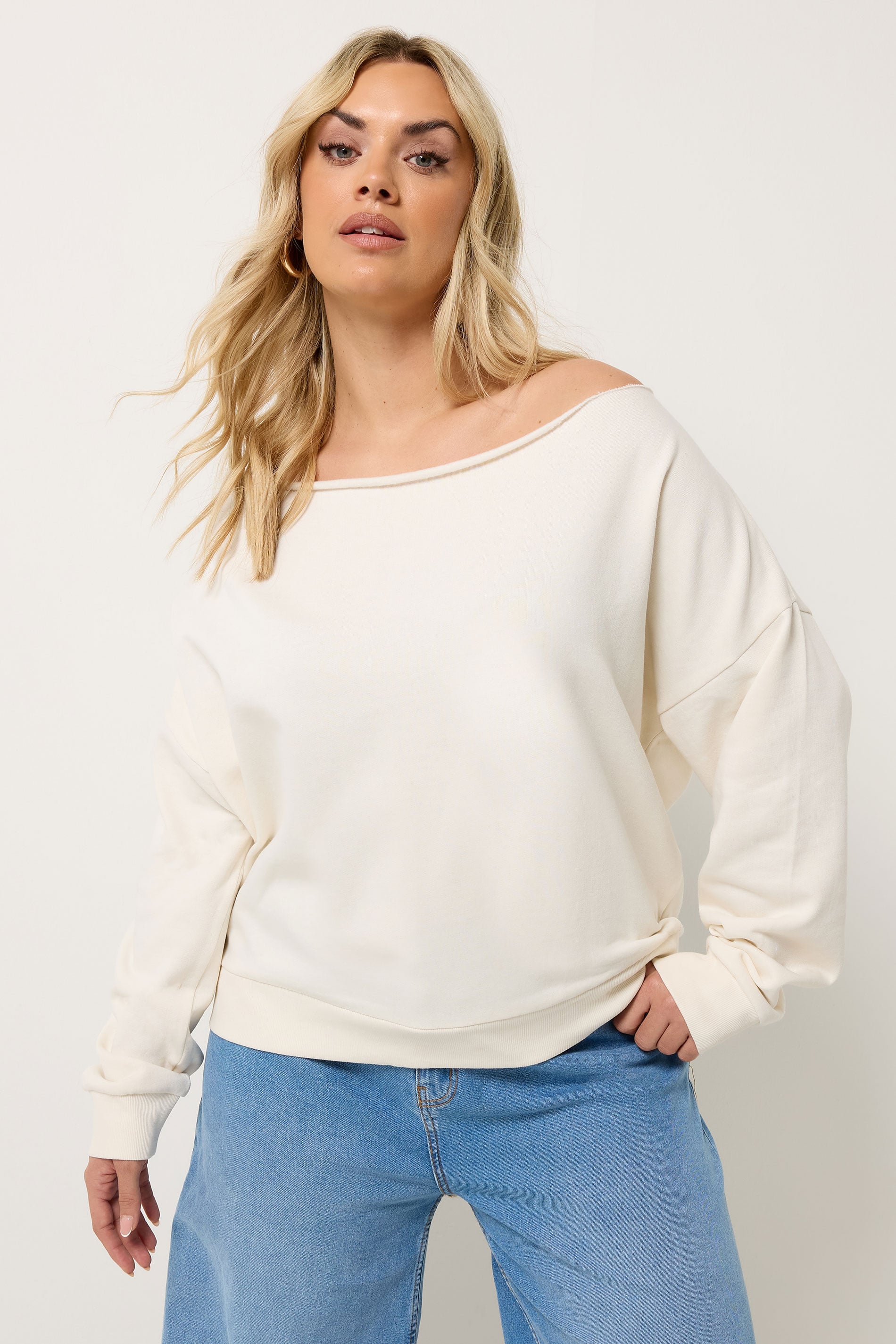 YOURS Plus Size Ivory White Off Shoulder Sweatshirt | Yours Clothing 3