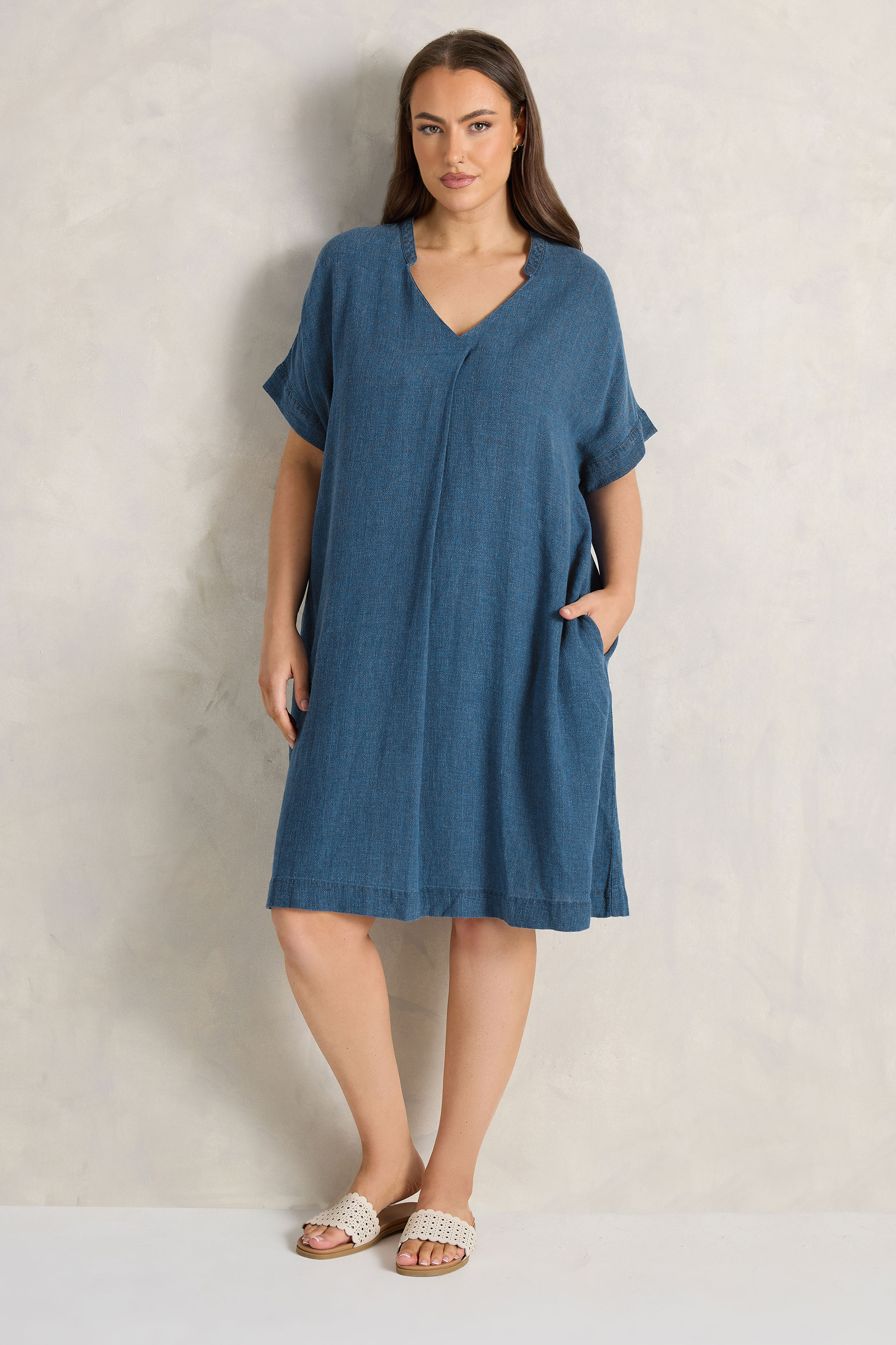 EVANS Plus Size Blue Premium Linen Shift Denim Dress | Evans 2