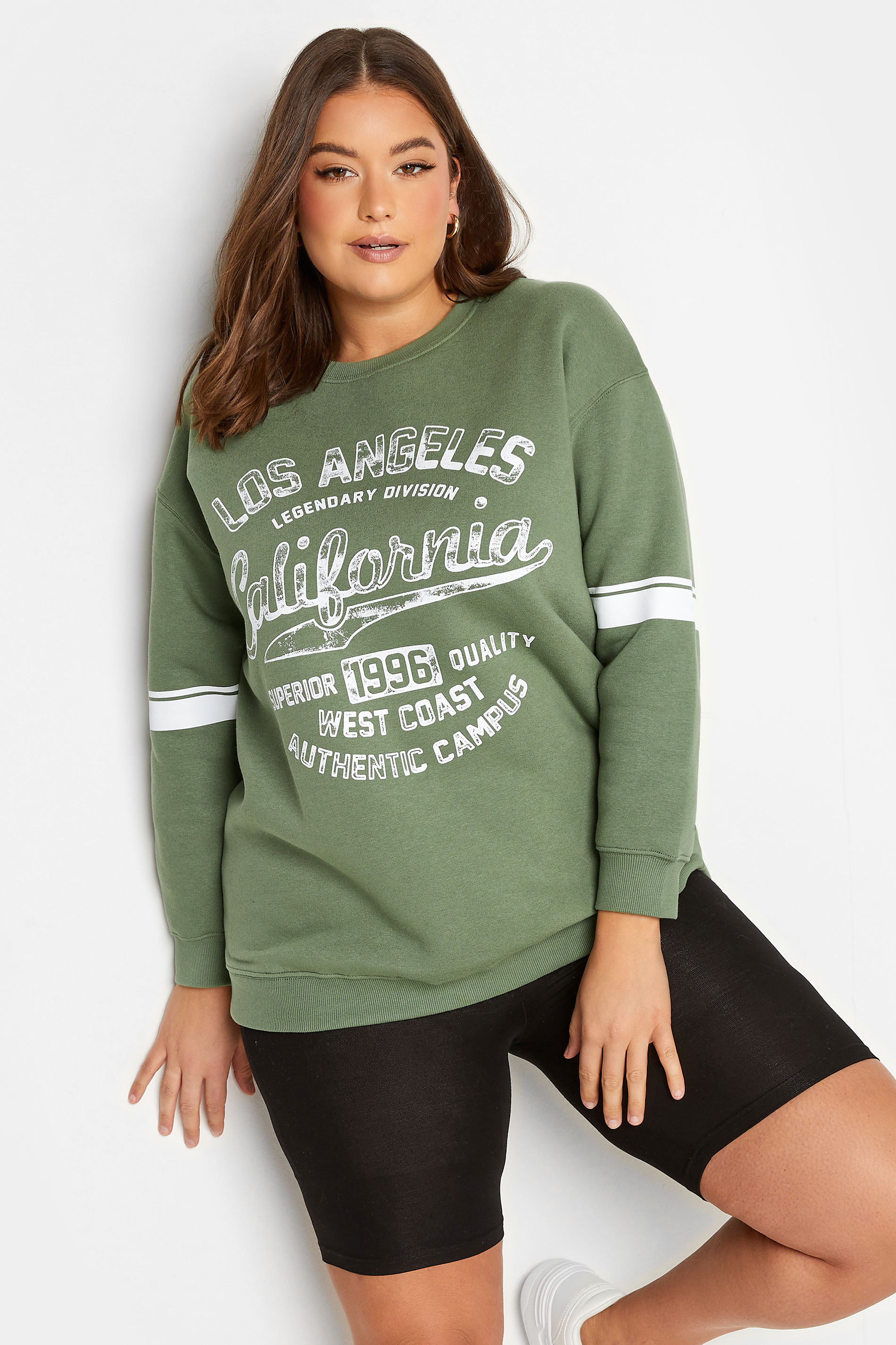 YOURS Plus Size Curve Khaki Green 'California' Slogan Sweatshirt | Yours Clothing  1