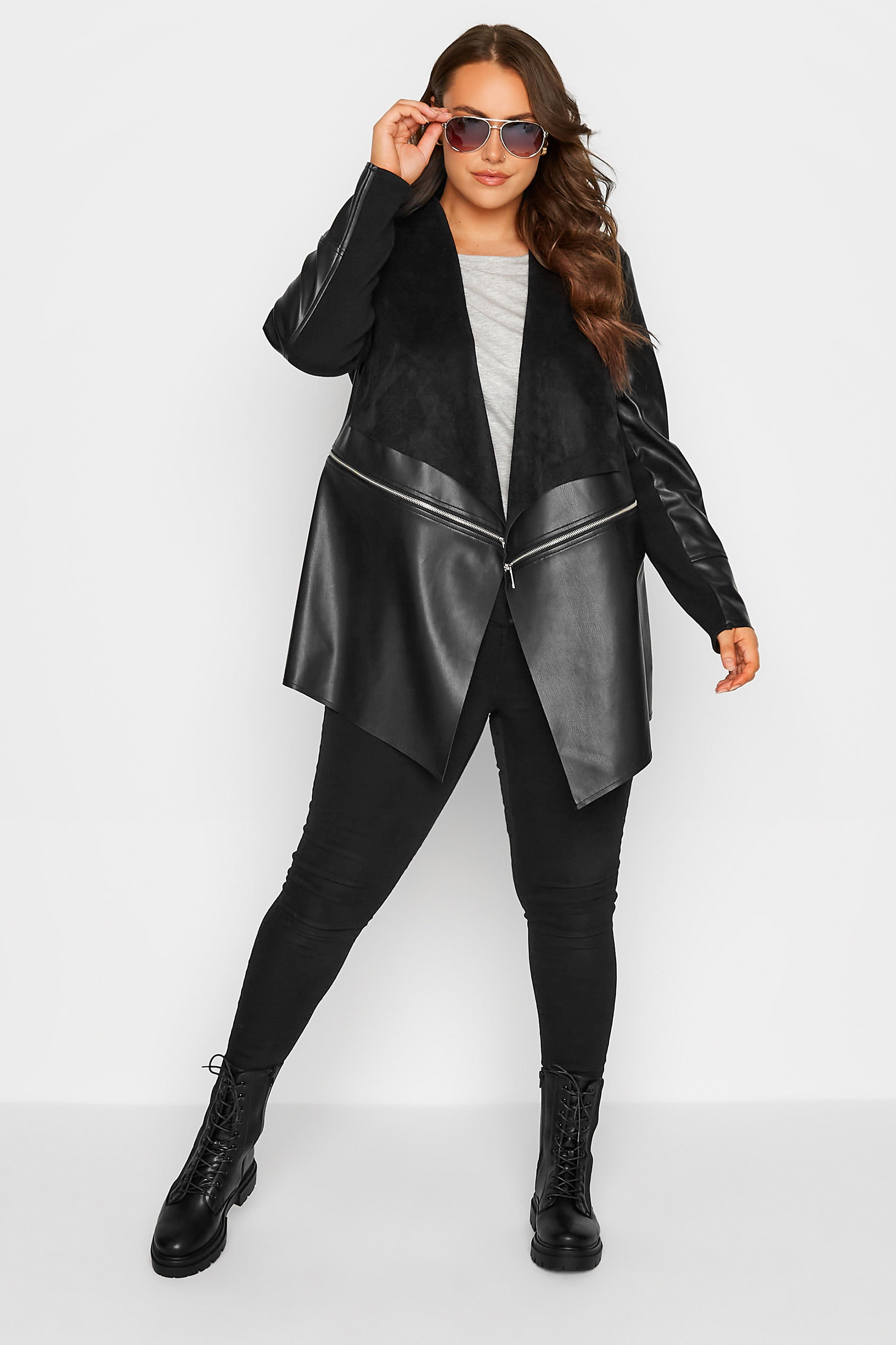Plus Size Black Zip Detail Waterfall Faux Leather Jacket | Yours Clothing 2