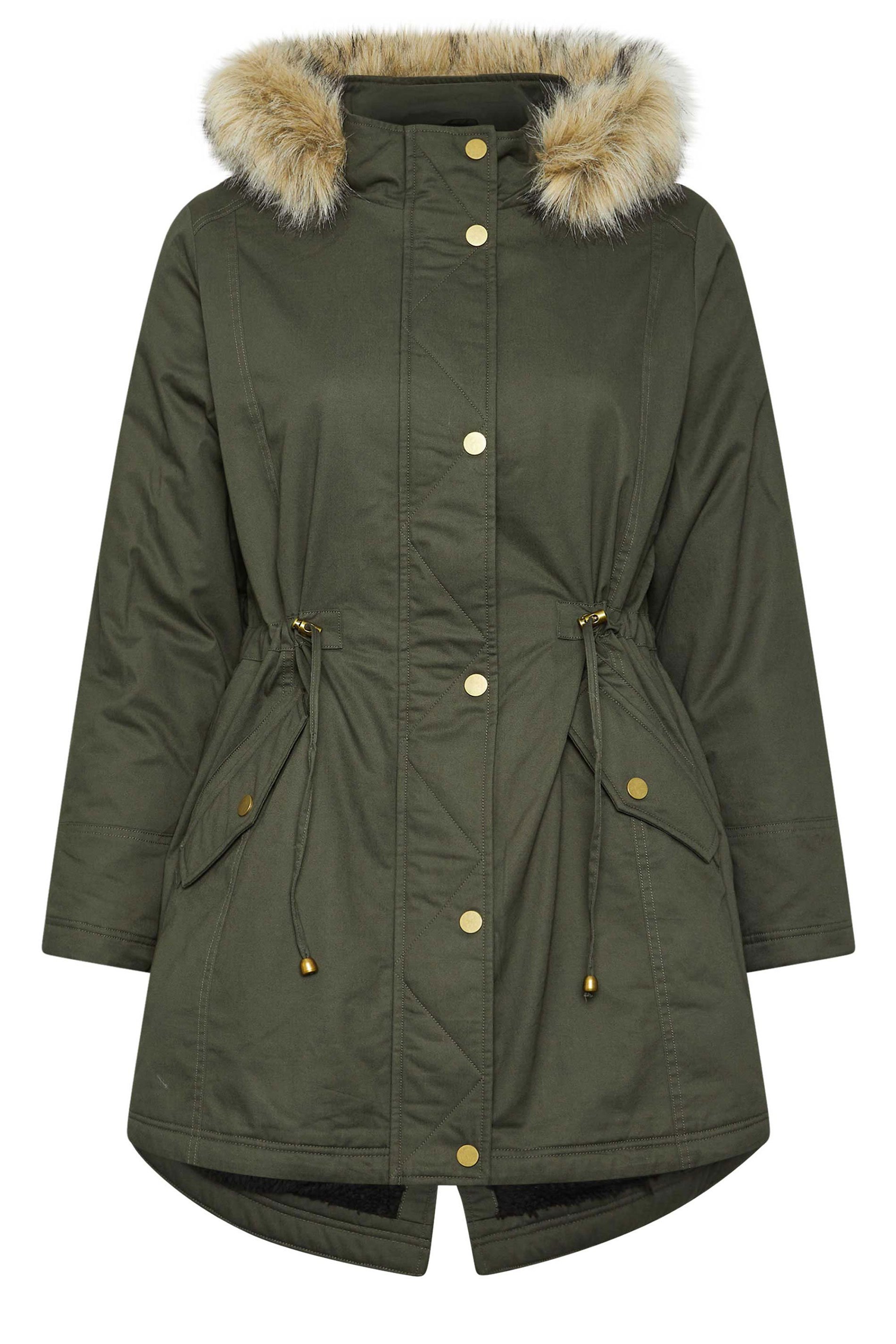 YOURS Plus Size Khaki Green Faux Fur Trim Parka Coat | Yours Clothing