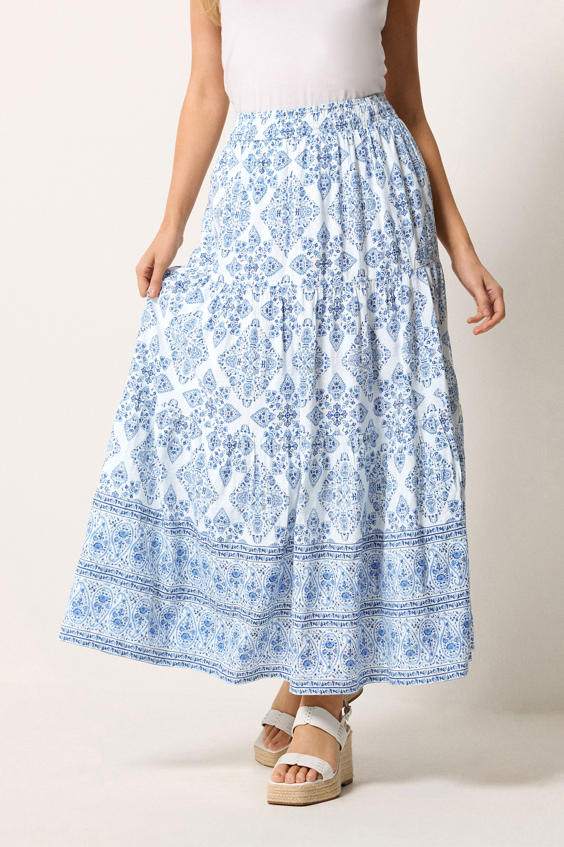 M&Co Blue Tile Print Tiered Maxi Skirt | M&Co 3