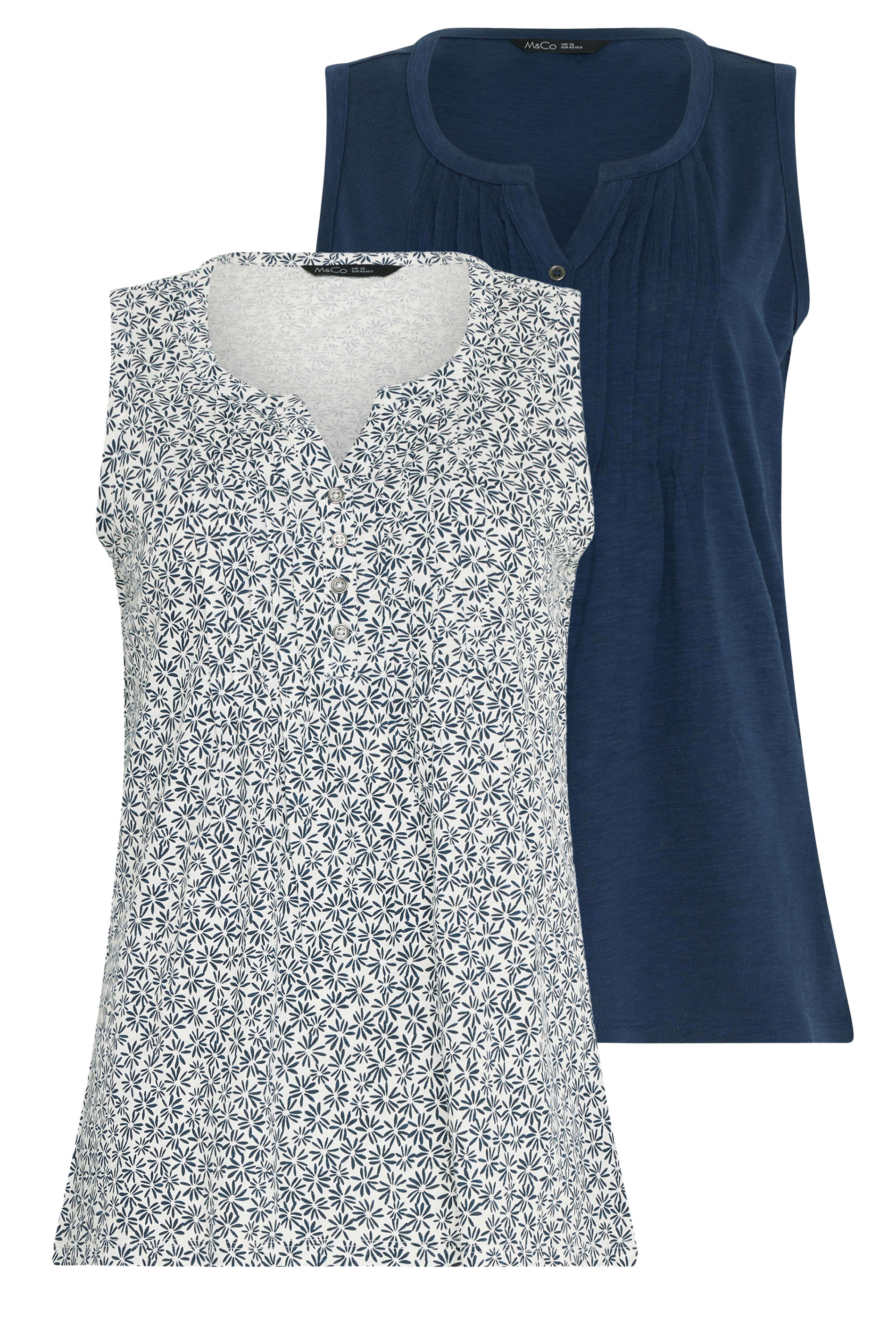 M&Co 2 PACK Navy Blue Floral Cotton Sleeveless Henley Tops | M&Co 7