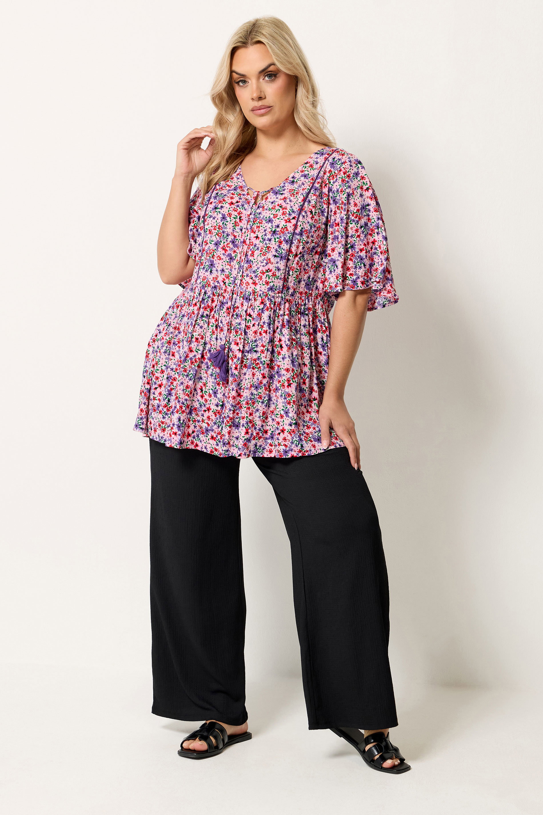 YOURS Plus Size Ditsy Pink Tie Neck Top | Yours Clothing 1