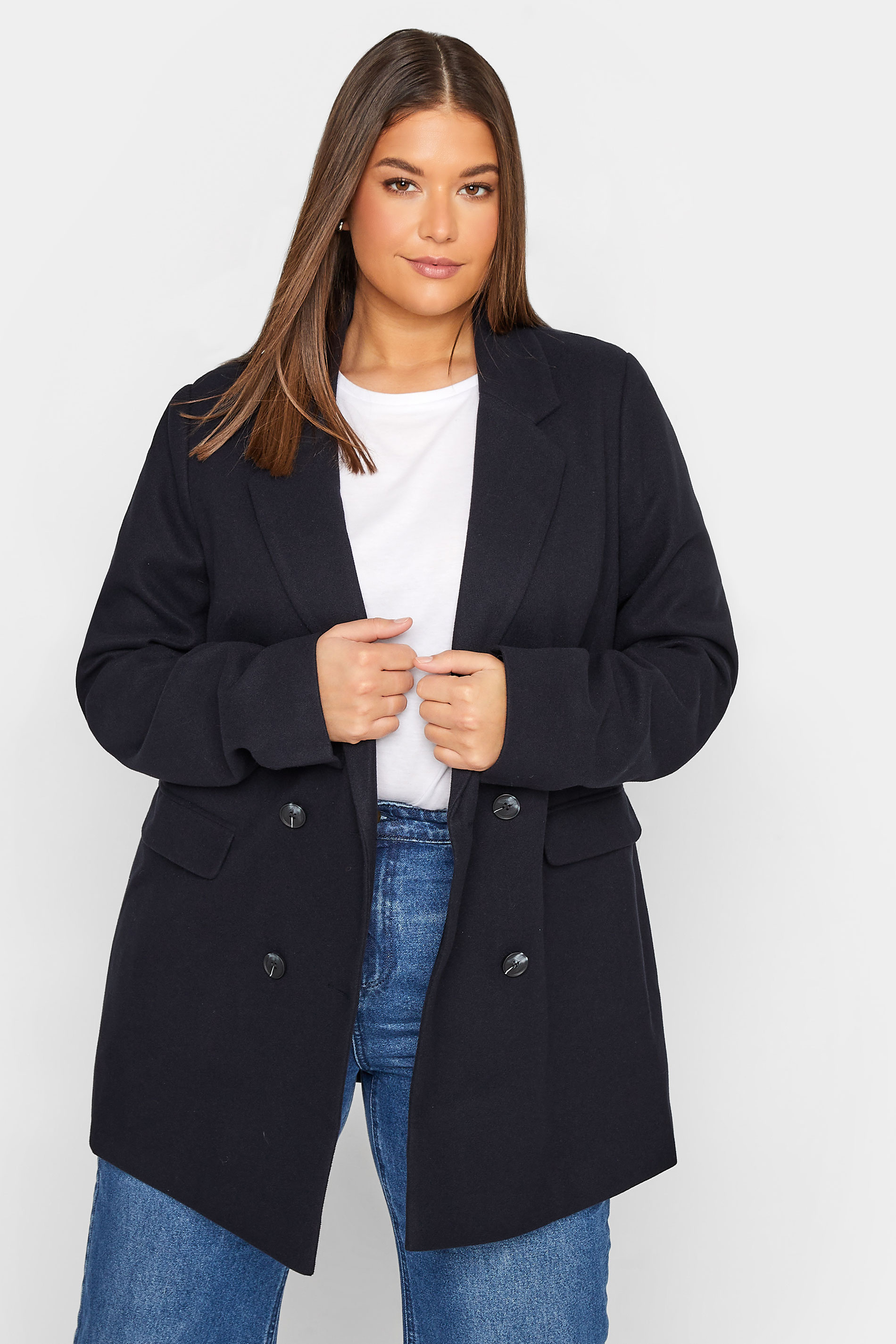 LTS Tall Women's Navy Blue Double Breasted Brushed Jacket | Long Tall Sally 1