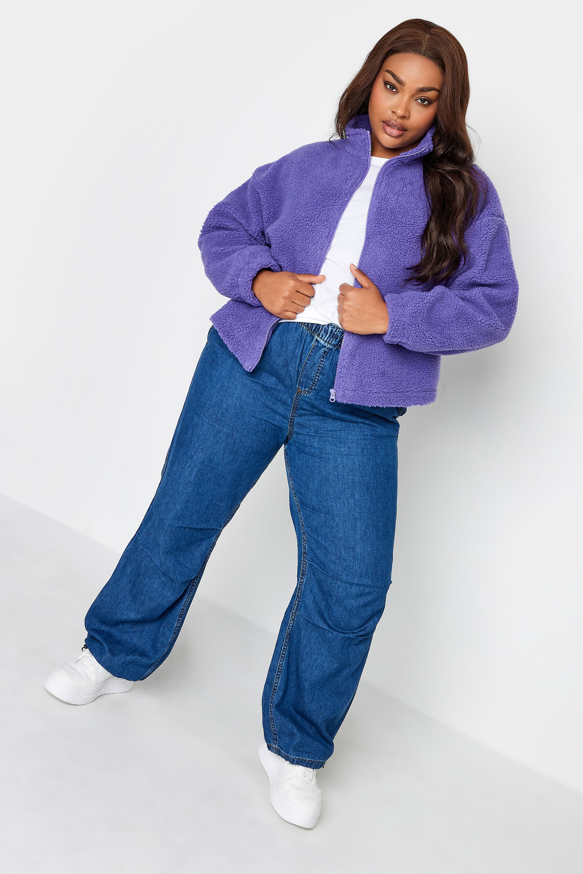 YOURS Plus Size Purple Cropped Zip Through Teddy Fleece | Yours Clothing 2