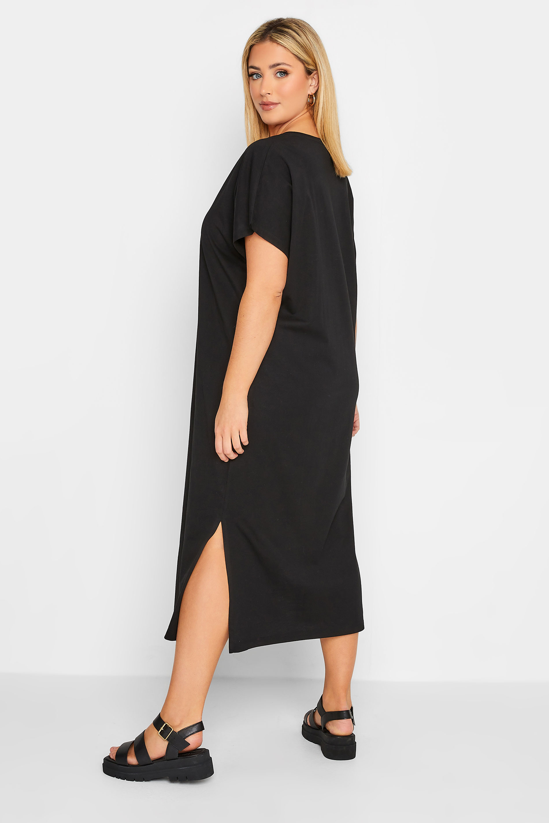 YOURS Plus Size Black Side Split Midaxi T-Shirt Dress | Yours Clothing 3