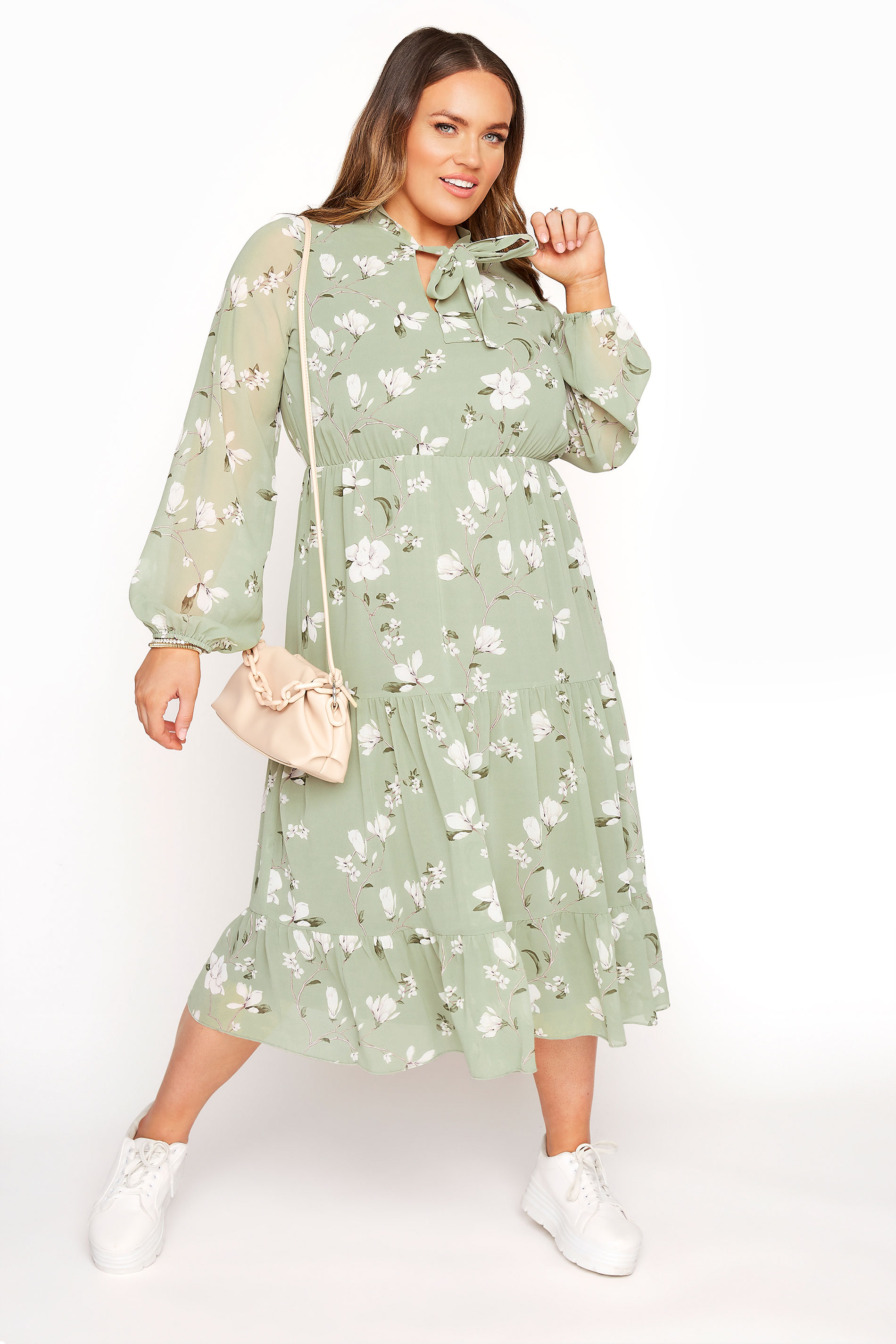 YOURS LONDON Sage Green Floral Bow Smock Dress