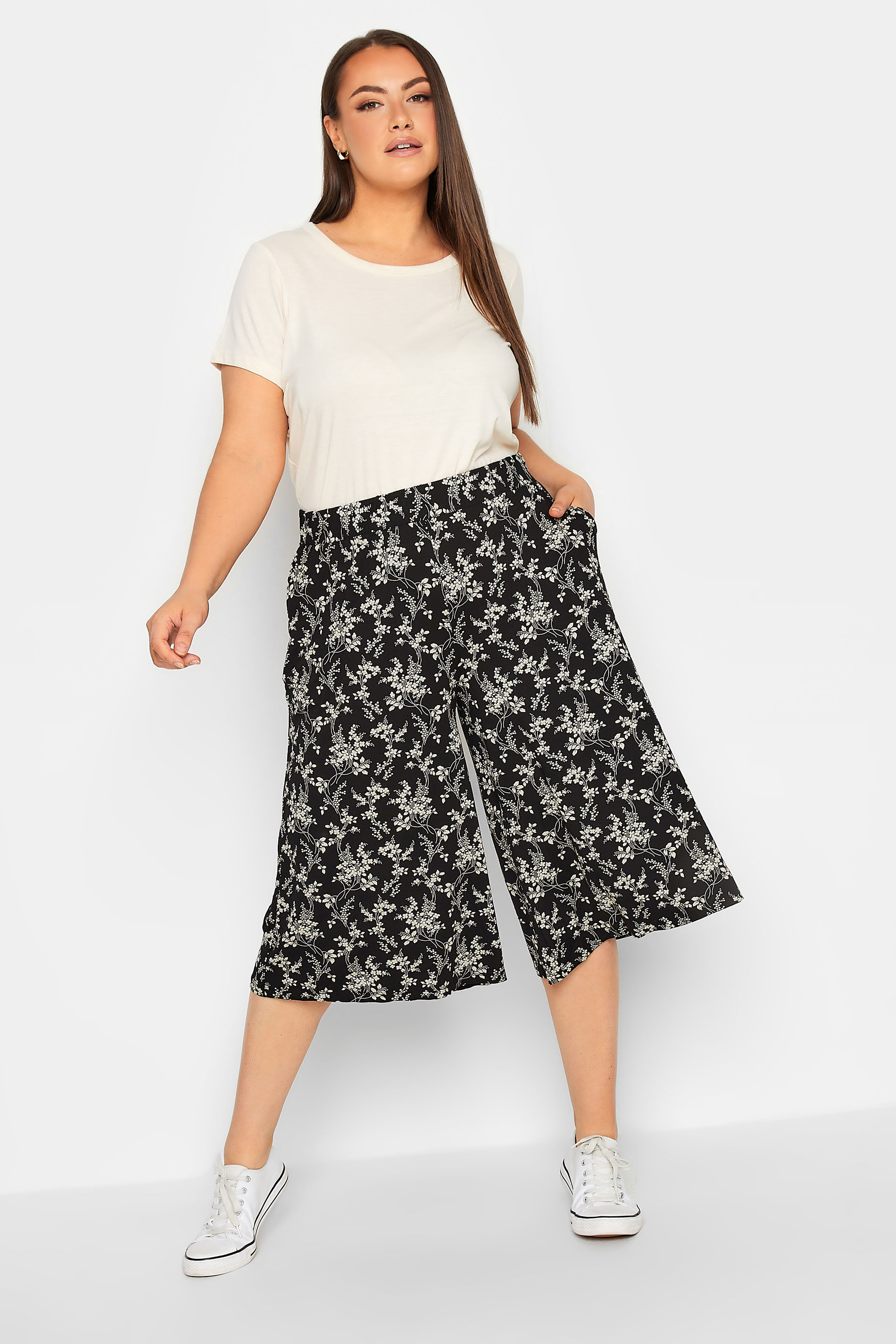 YOURS Curve Blue Mixed Floral Print Culotte | Yours Clothing 2