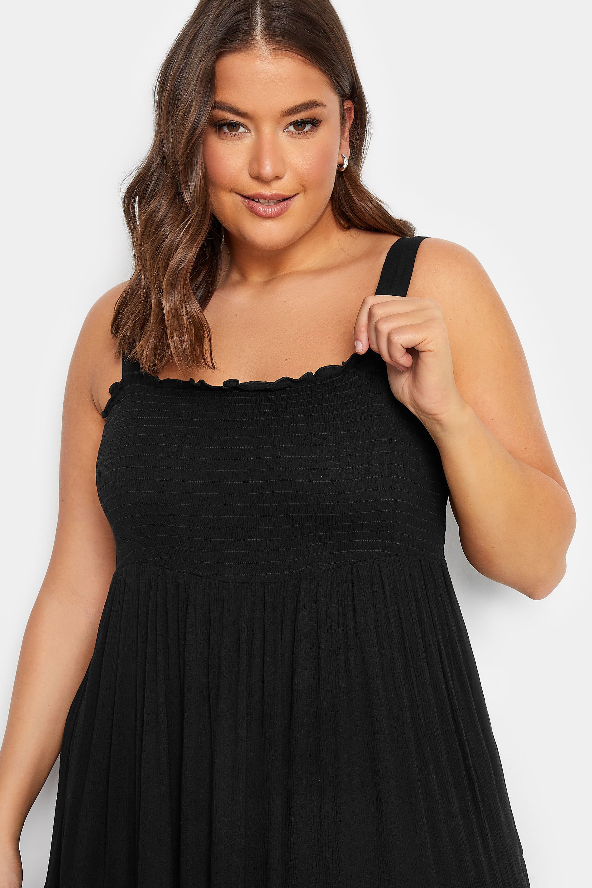 Yours Curve Plus Size Black Shirred Strappy Midi Dress Yours Clothing