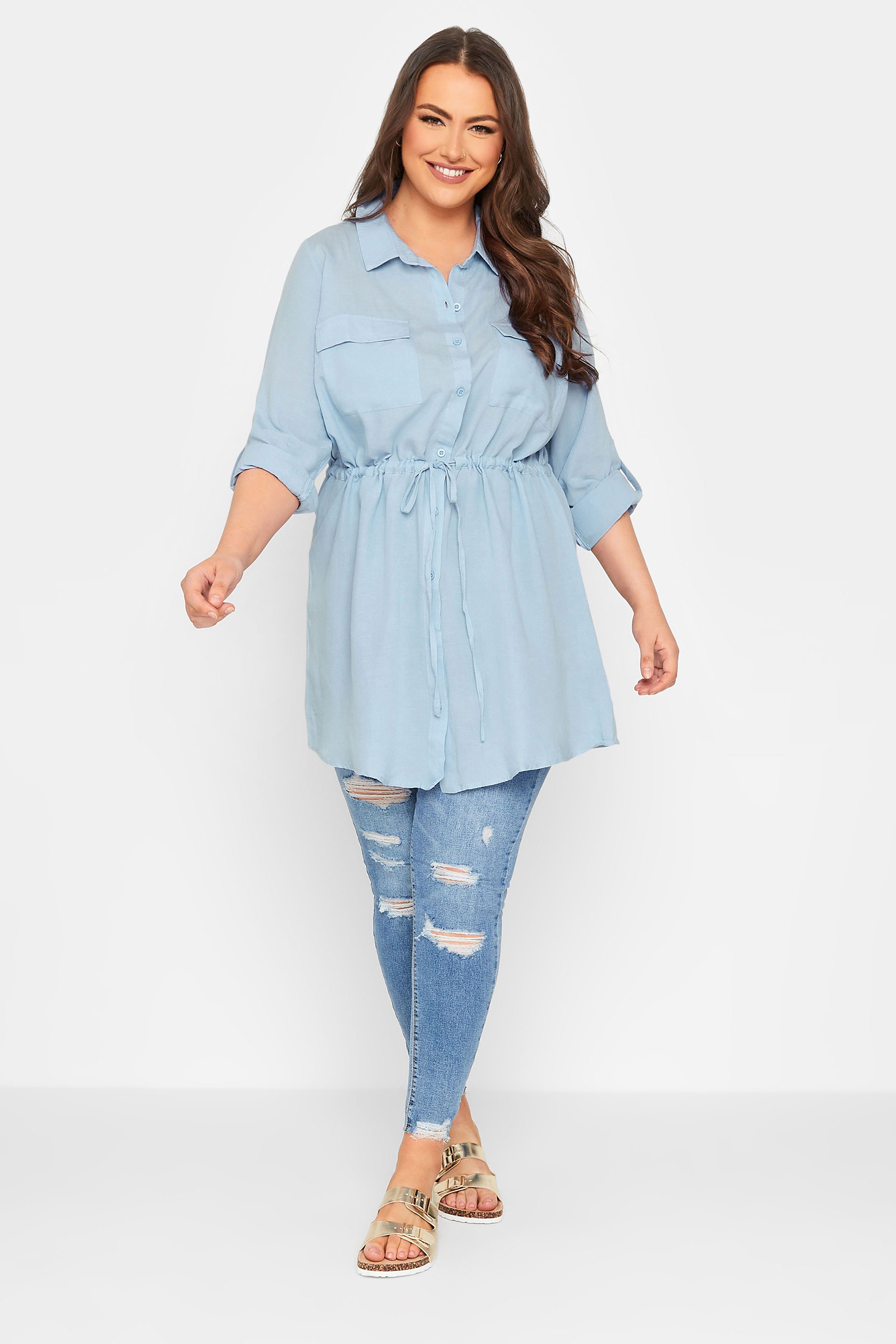 YOURS Plus Size Curve Light Blue Utility Tunic Linen Look Shirt | Yours Clothing  2
