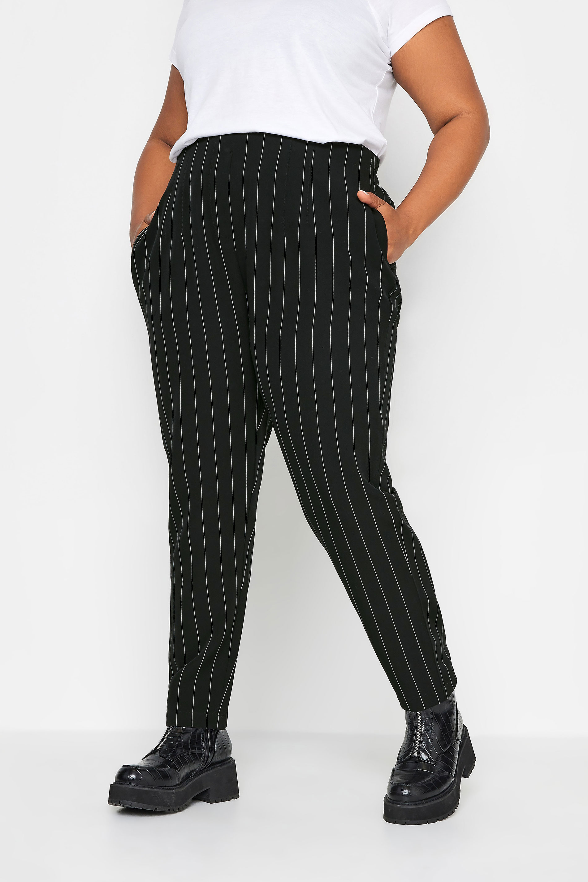 YOURS Plus Size Black Stripe Print Darted Waist Tapered Trousers | Yours Clothing 1