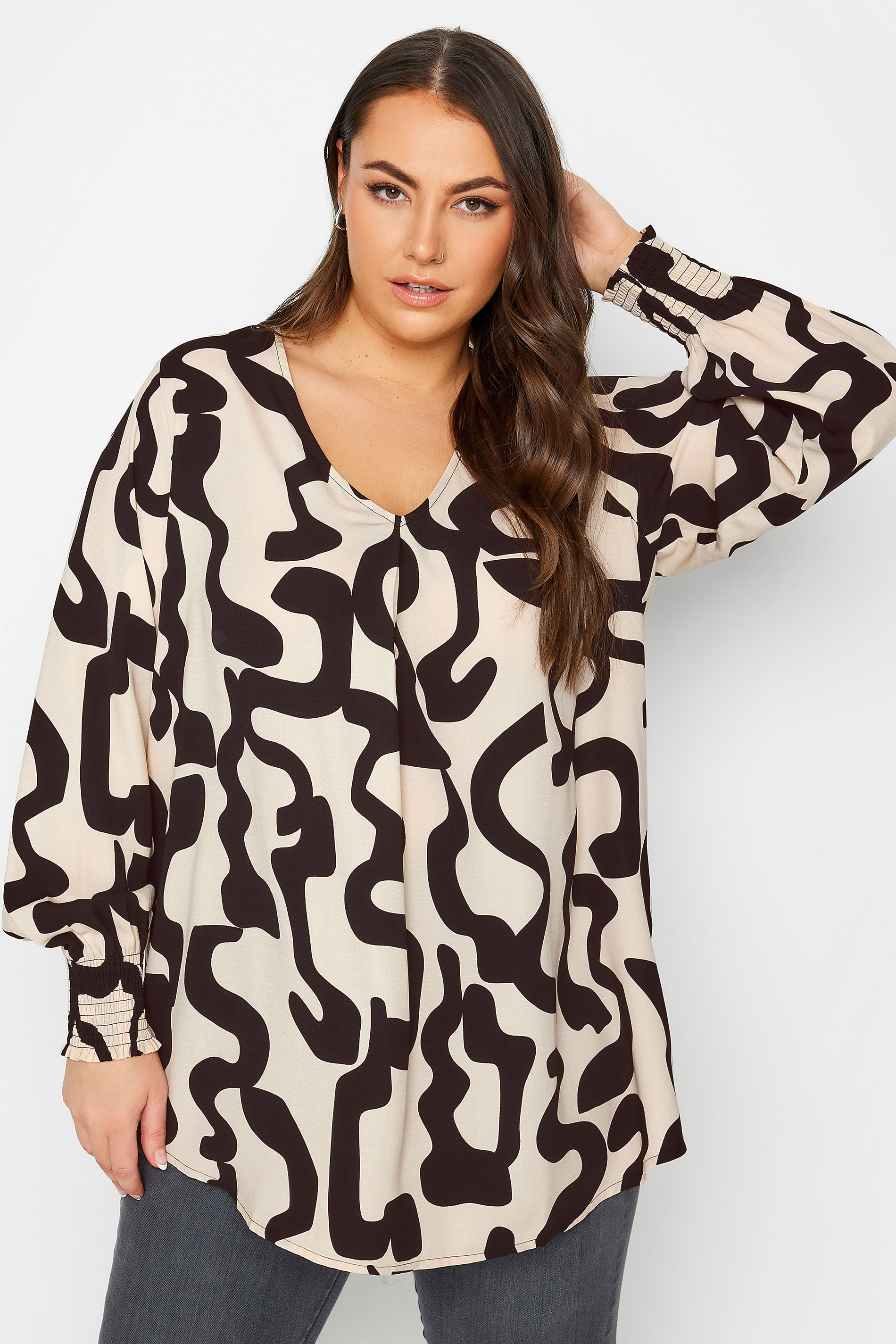 YOURS Plus Size Beige Brown Abstract Print Pleat Front Blouse | Yours Clothing 1