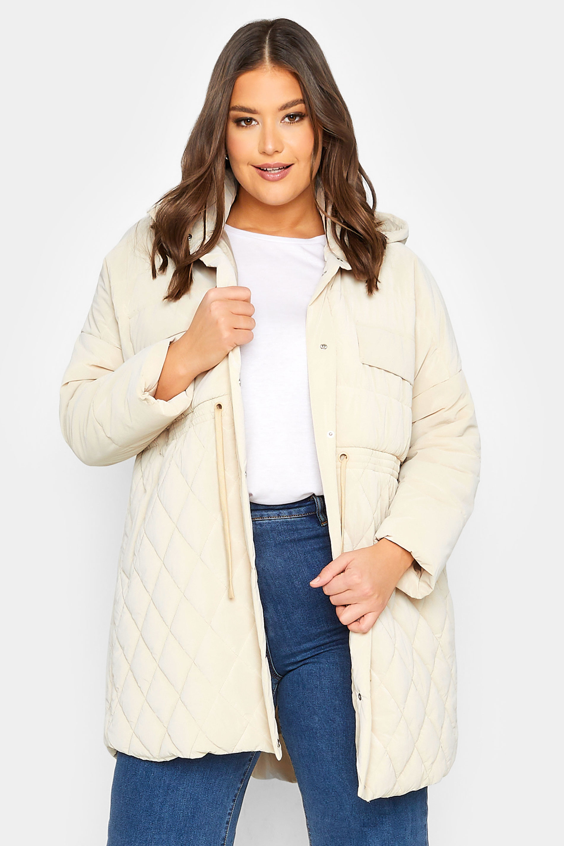 YOURS Plus Size Cream Shirred Waist Padded Coat | Yours Clothing 1