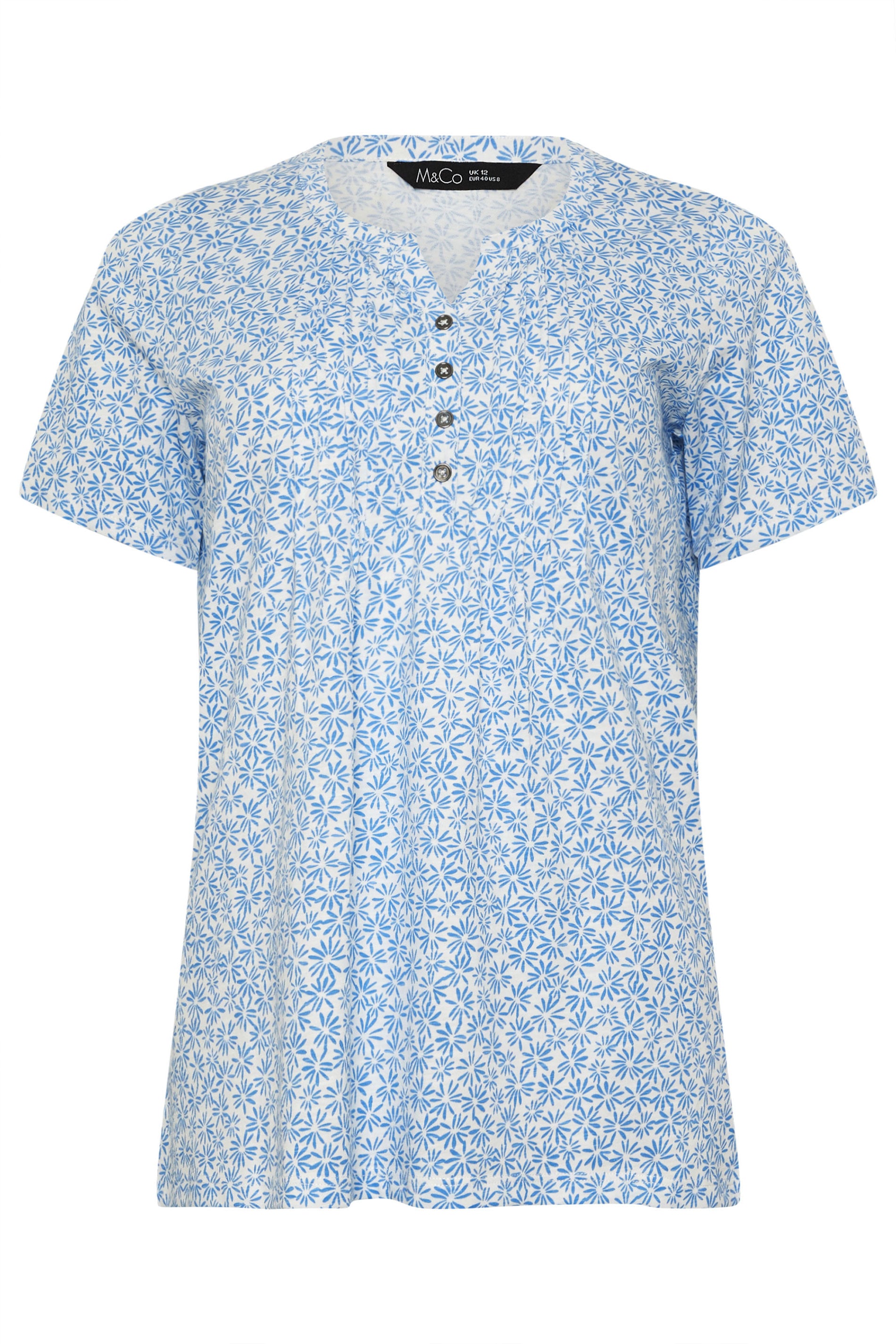 M&Co Blue Floral Short Sleeve Cotton Henley Top | M&Co 6